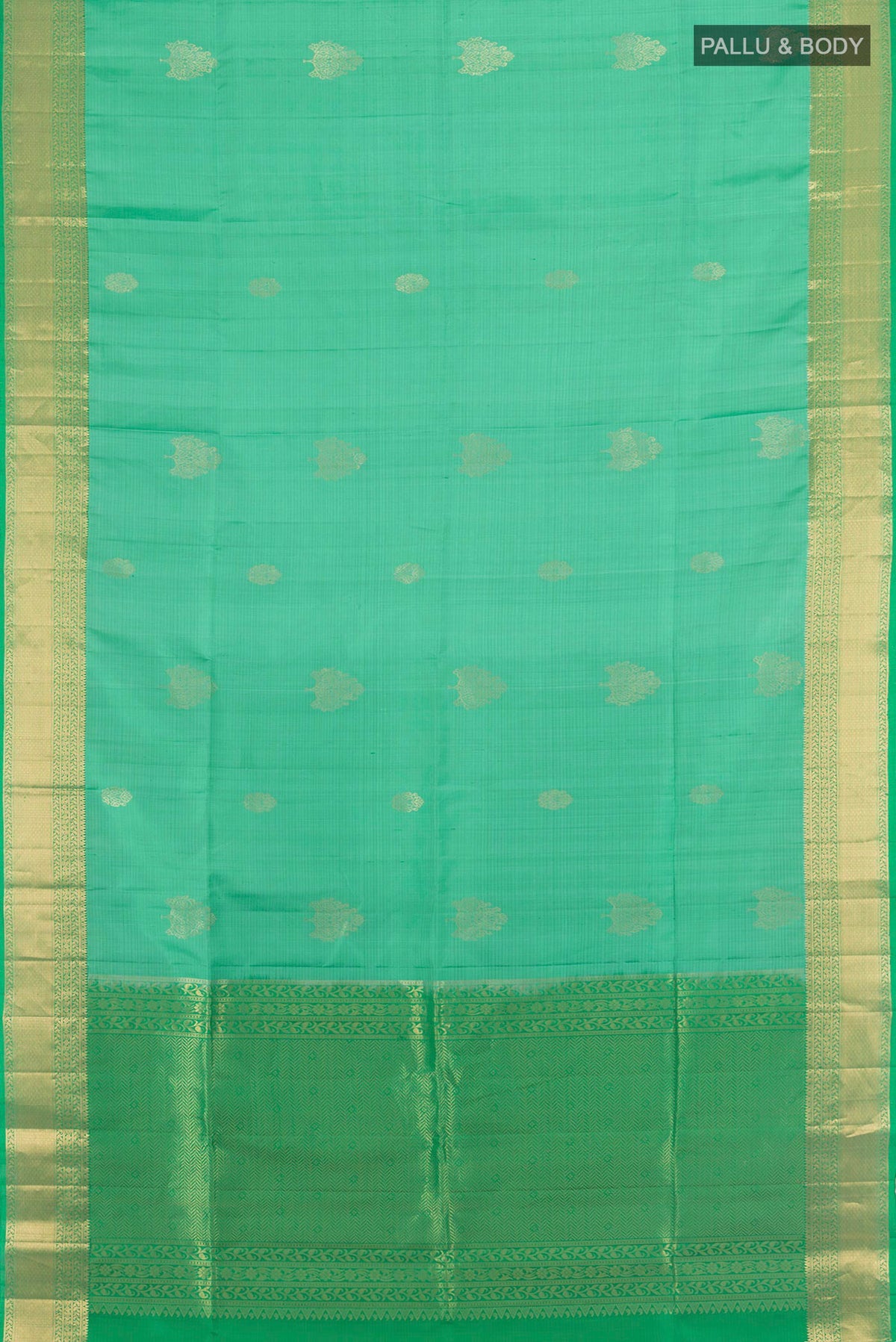 Flat view of Pure Silk Light Green Soft Saree with Zari Butta on the body and Zari Border. 