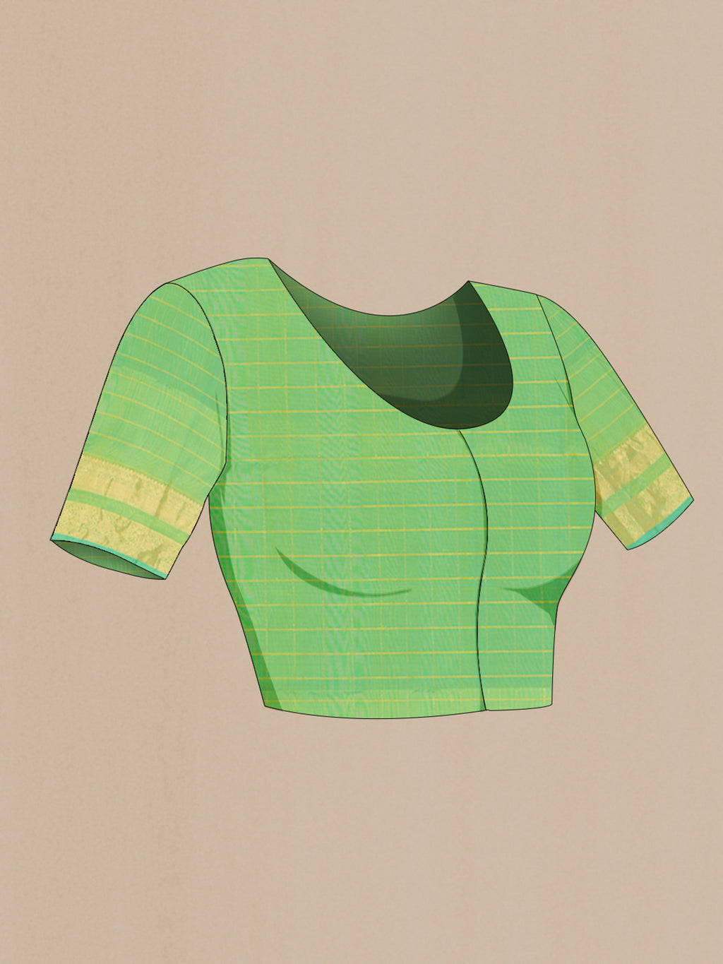 Close up image of the blouse of Pure Silk Light Green Soft Saree with Checked design on the body and Zari Border. 