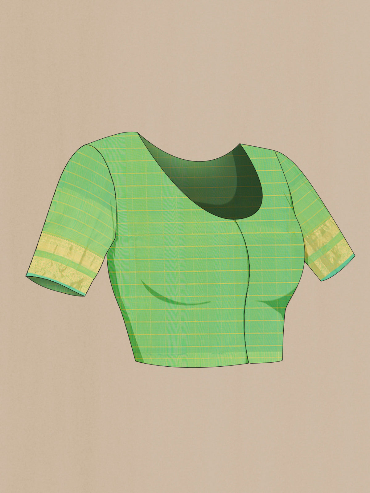 Close up image of the blouse of Pure Silk Light Green Soft Saree with Checked design on the body and Zari Border. 