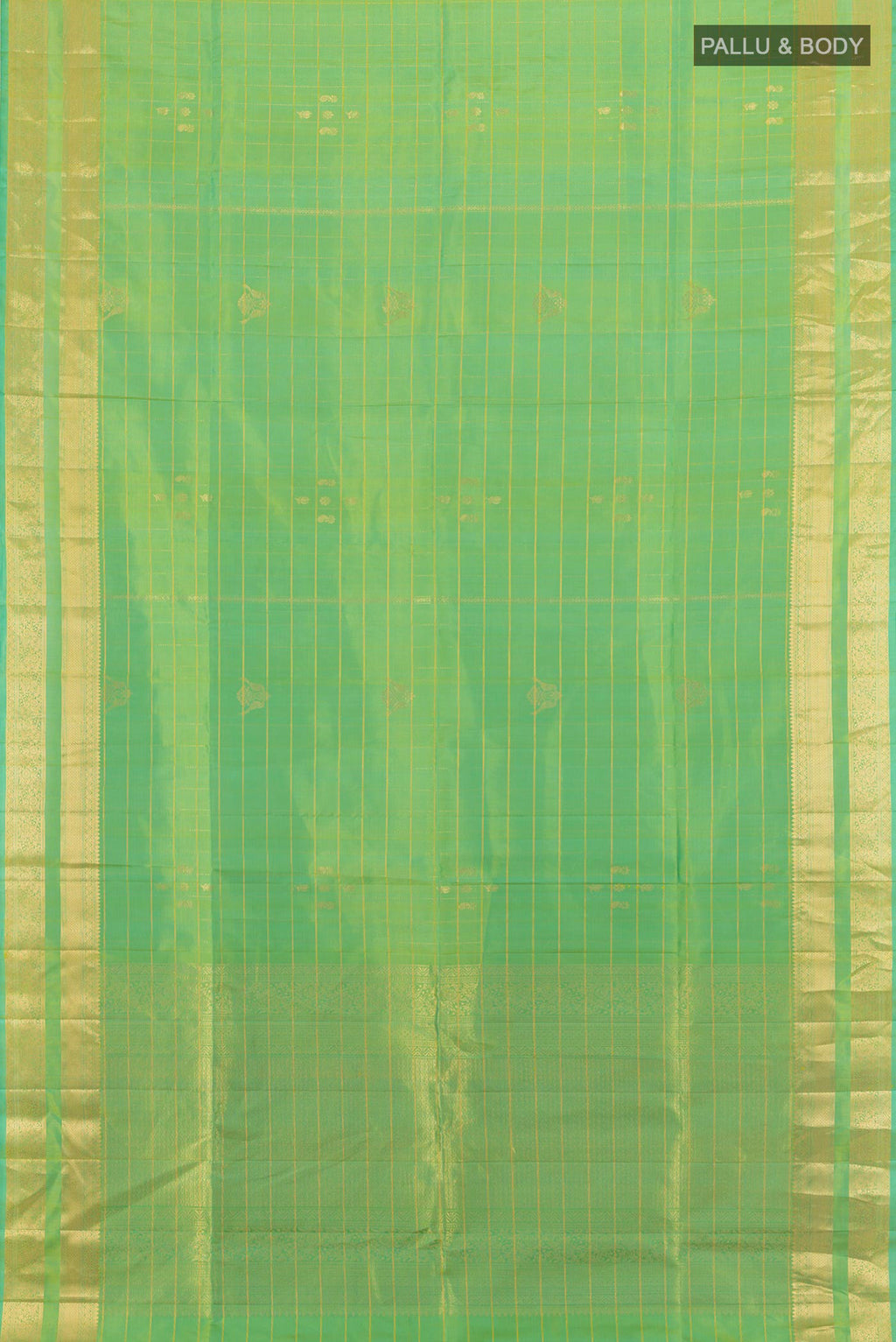 Flat view of Pure Silk Light Green Soft Saree with Checked design on the body and Zari Border. 
