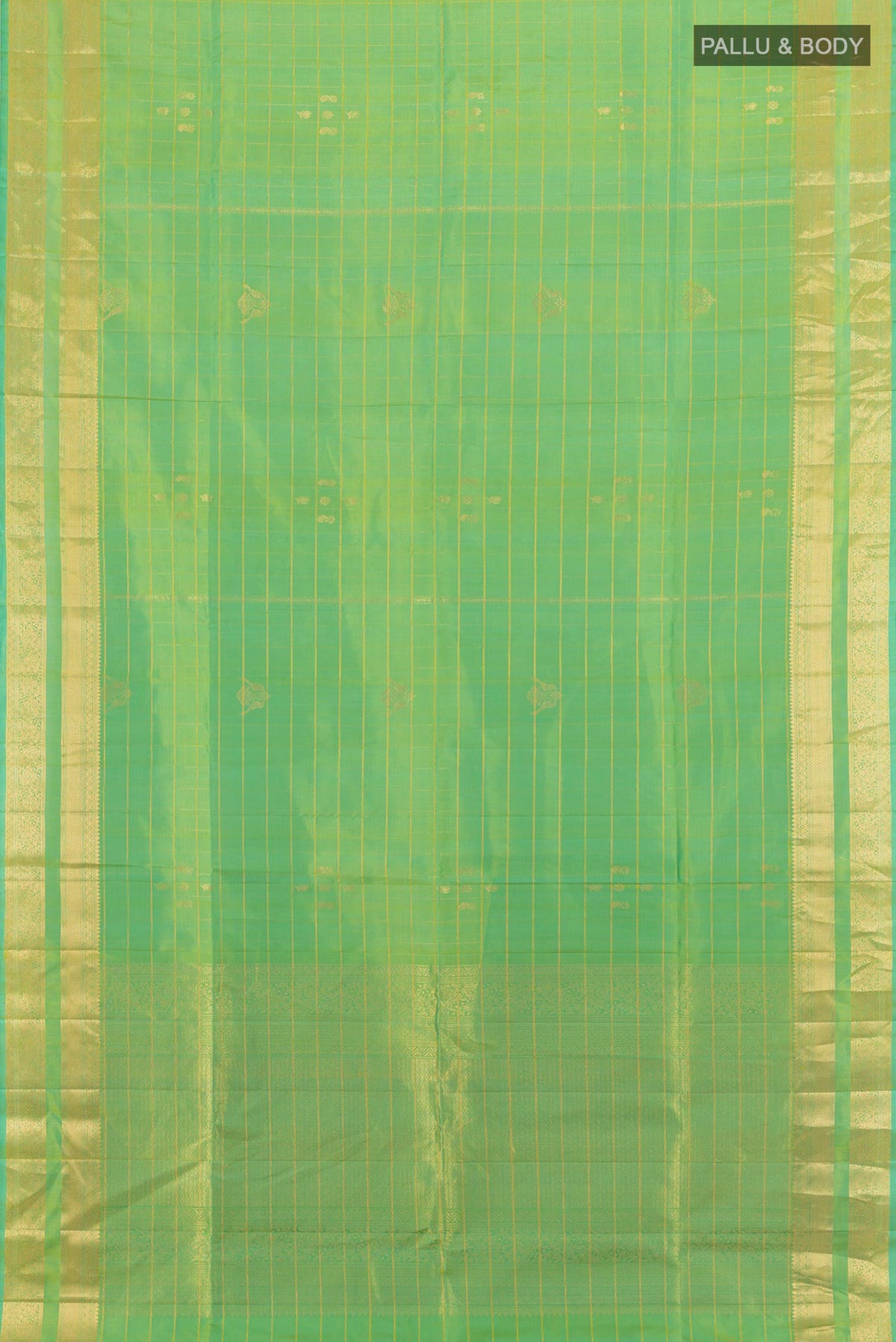 Flat view of Pure Silk Light Green Soft Saree with Checked design on the body and Zari Border. 