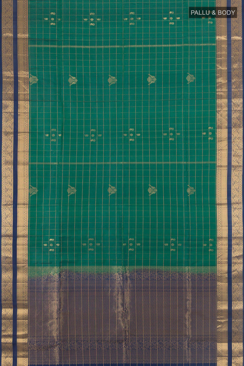 Flat view of Pure Silk Green Soft Saree with Checked design on the body and Zari Border. 