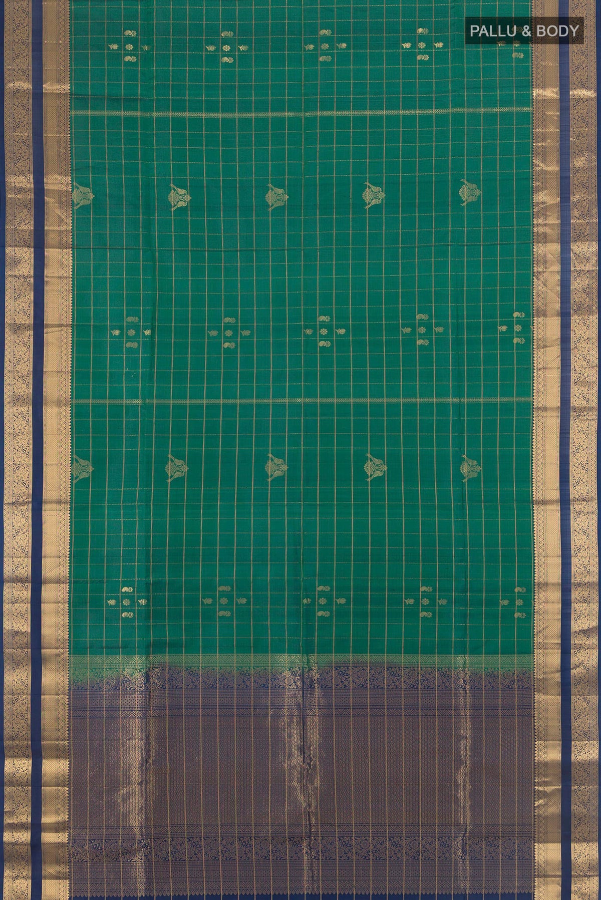 Flat view of Pure Silk Green Soft Saree with Checked design on the body and Zari Border. 