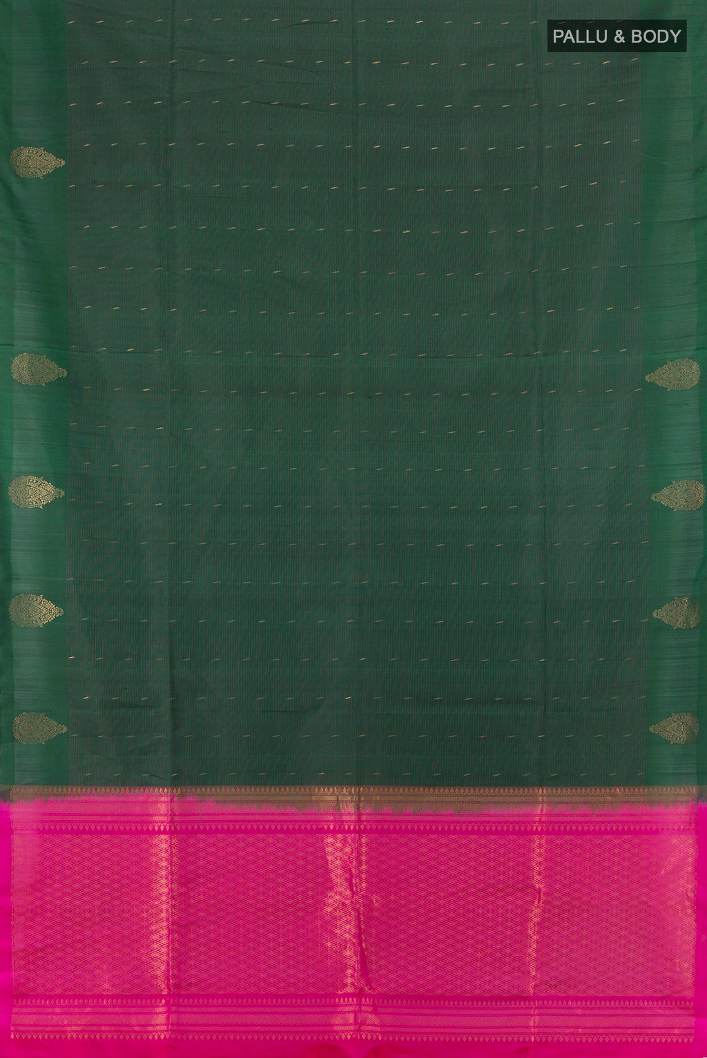 Flat view of Pure Silk Bottle Green Soft Saree with Zari Butta on the body and Without Border. 