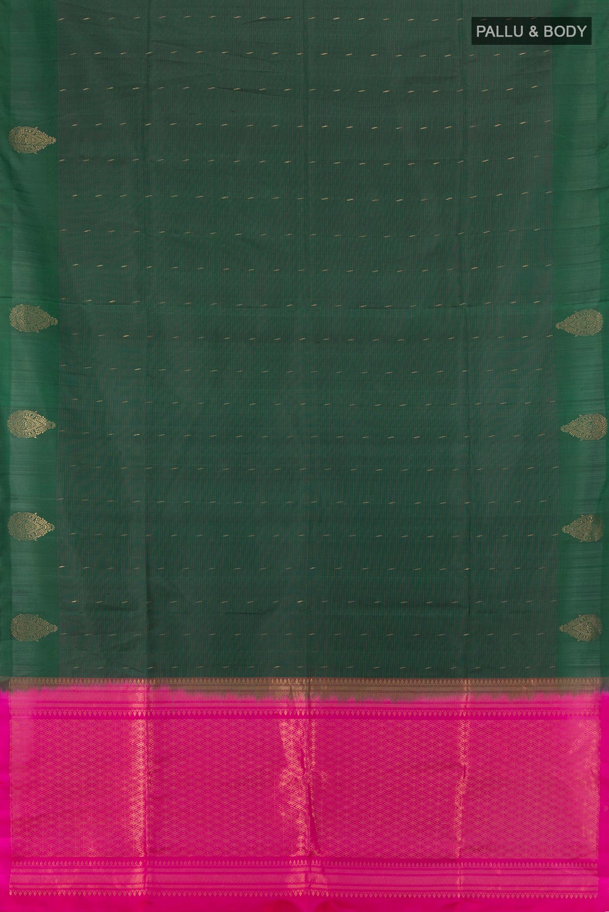 Flat view of Pure Silk Bottle Green Soft Saree with Zari Butta on the body and Without Border. 
