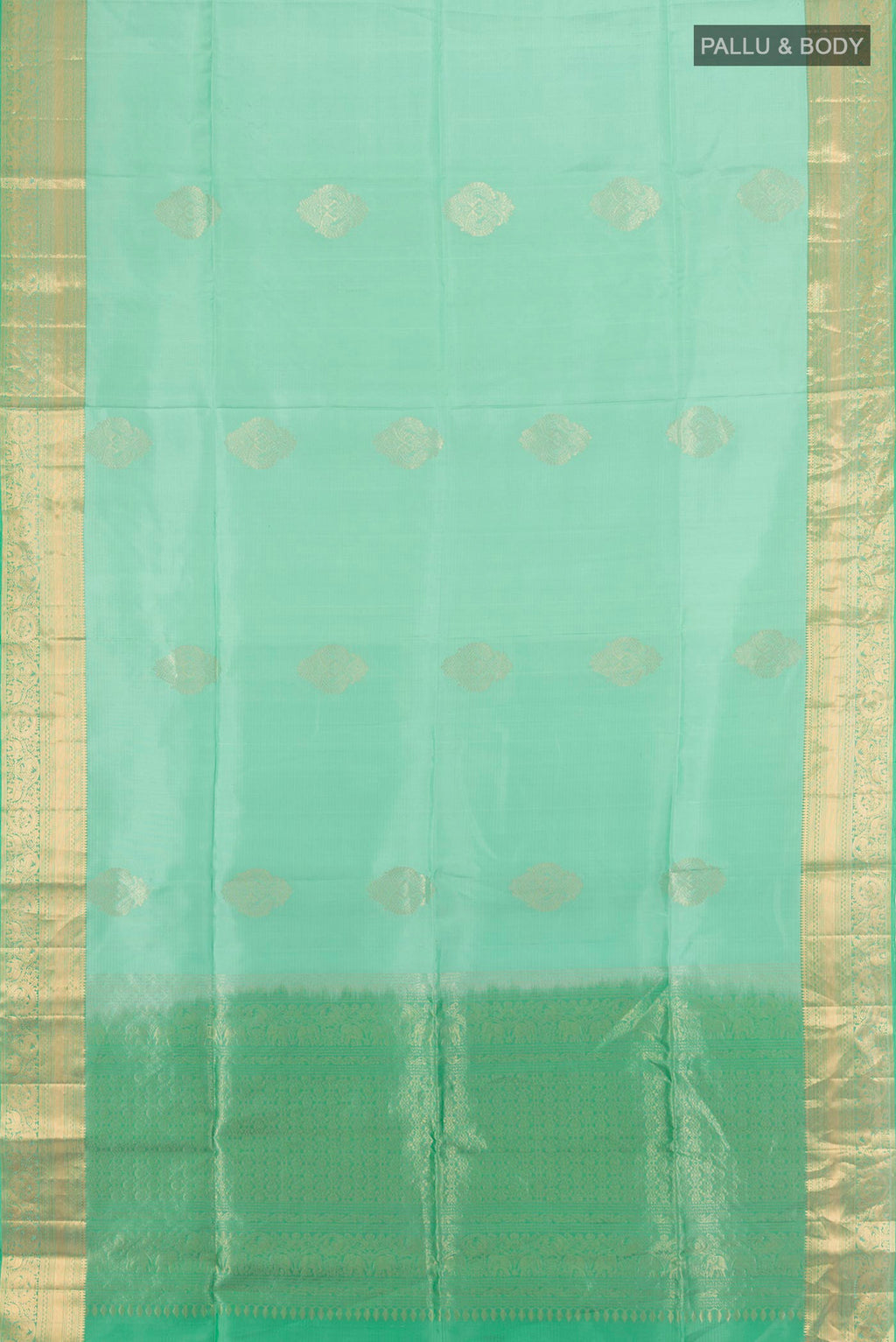 Flat view of Pure Silk Mint Green Soft Saree with Zari Butta on the body and Zari Border. 