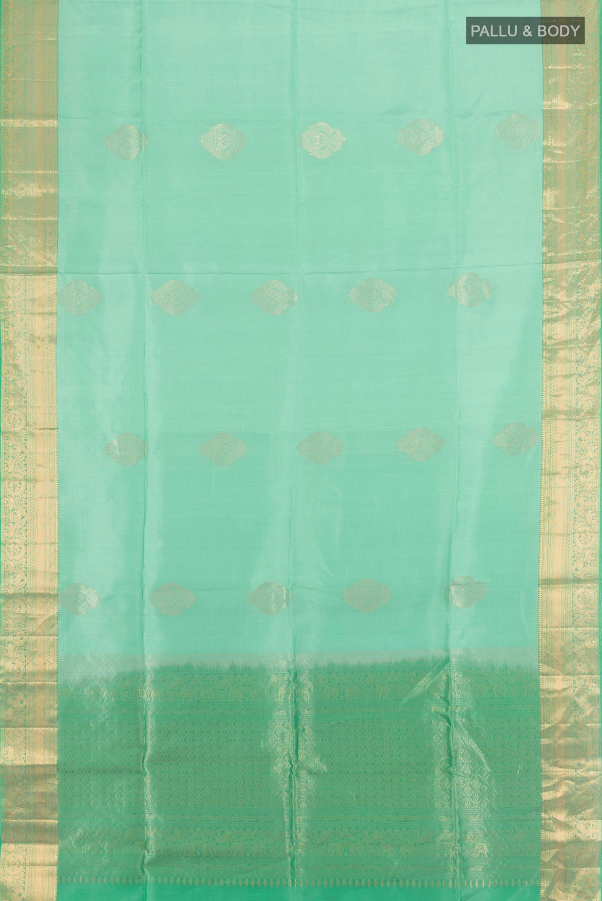 Flat view of Pure Silk Mint Green Soft Saree with Zari Butta on the body and Zari Border. 