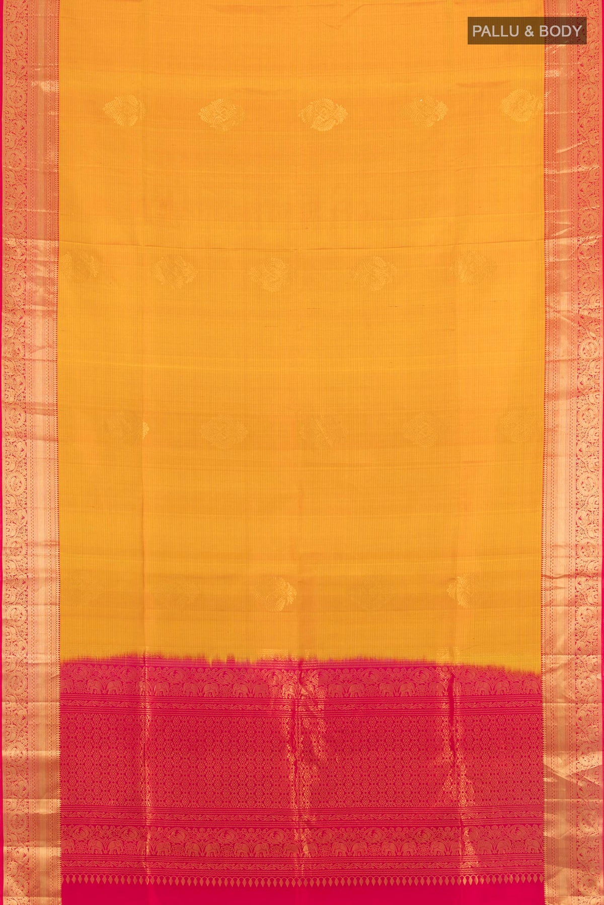 Flat view of Pure Silk Mustard Soft Saree with Zari Butta on the body and Zari Border. 