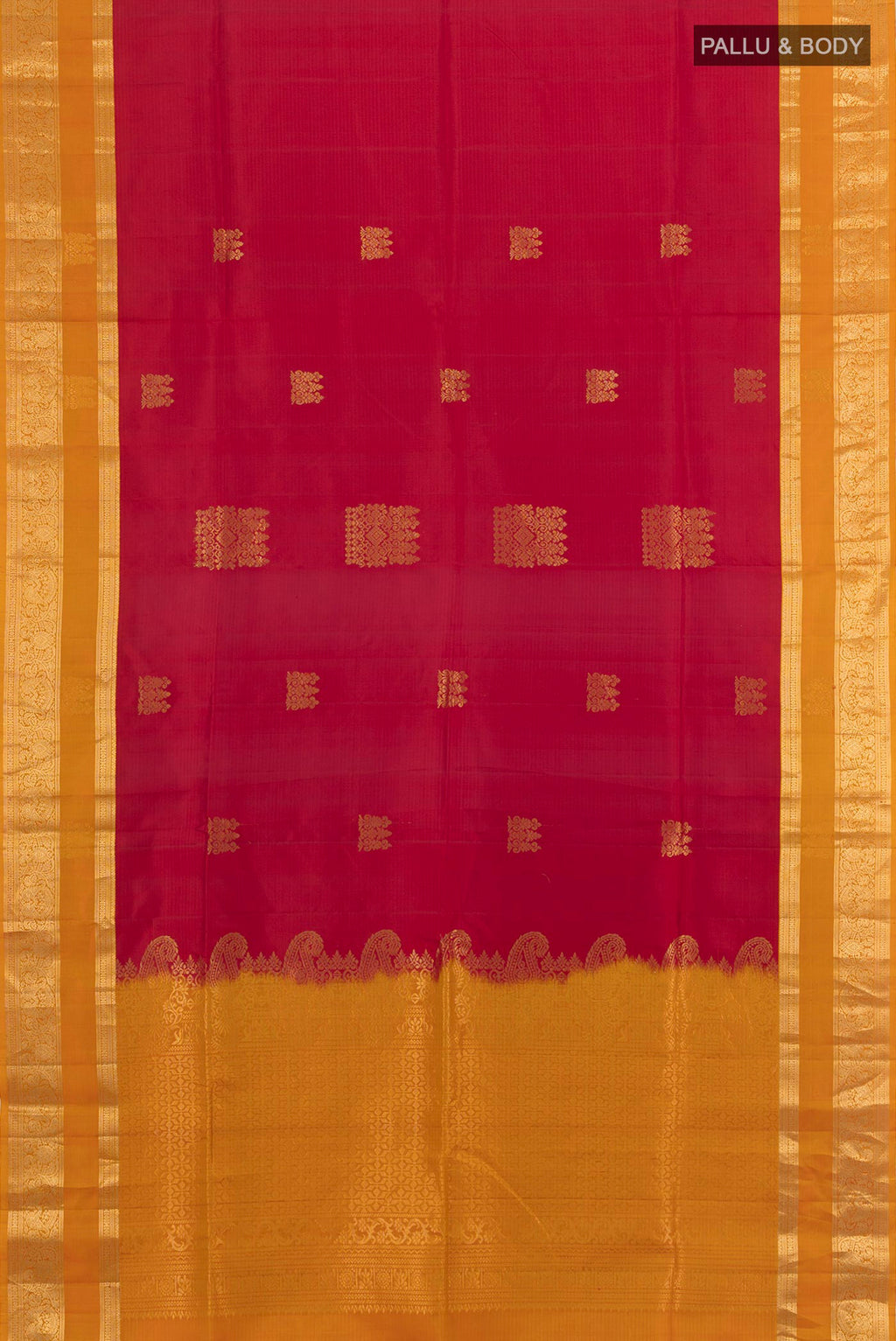 Flat view of Pure Silk Red Soft Saree with Zari Butta on the body and Zari Border. 