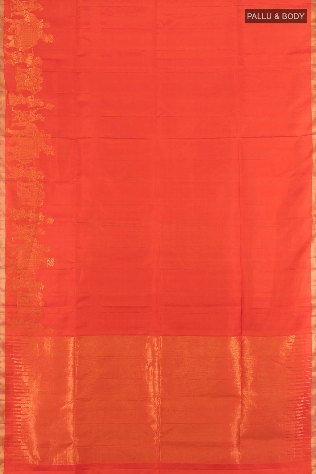 Flat view of Pure Silk Orange Soft Saree with Plain Body and Zari Border. 
