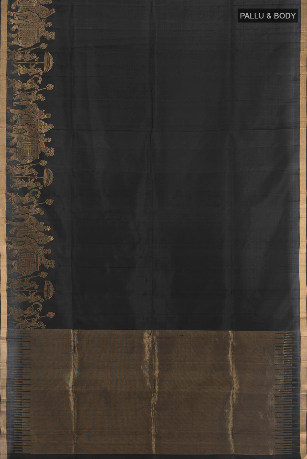 Flat view of Pure Silk Black Soft Saree with Plain Body and Fancy Border. 