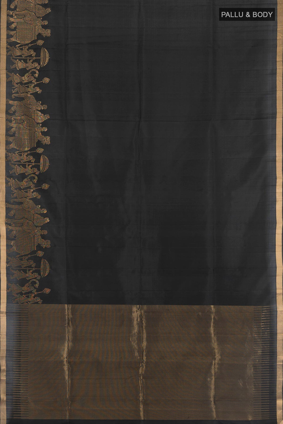 Flat view of Pure Silk Black Soft Saree with Plain Body and Fancy Border. 
