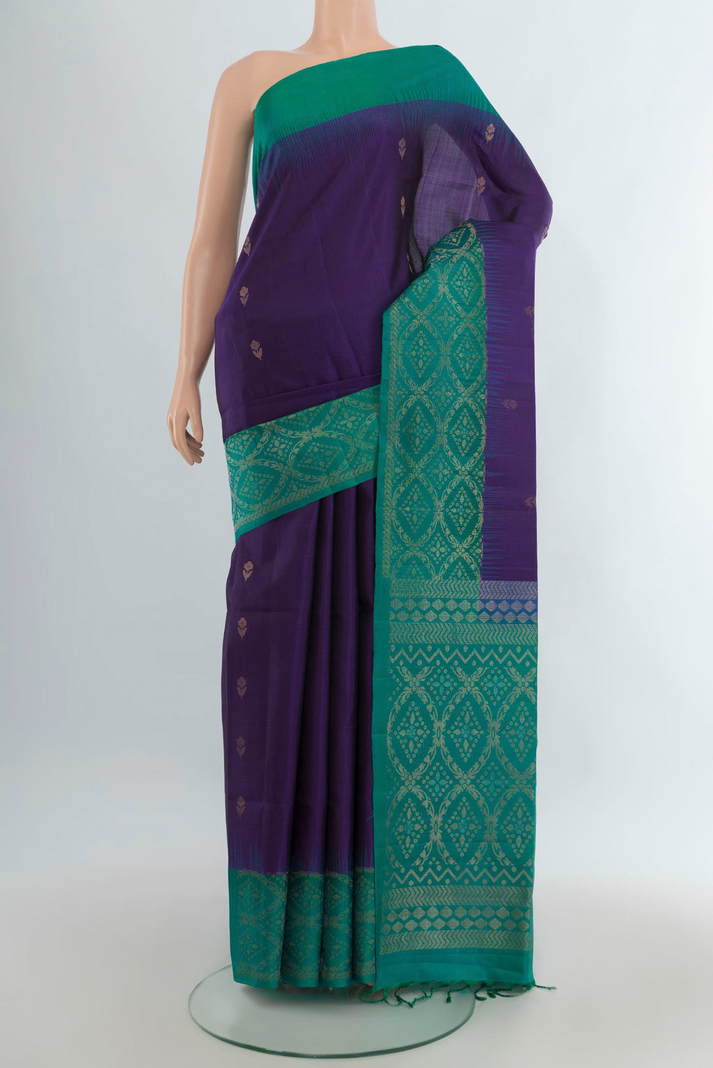 Pure Silk Violet Soft Saree with Zari Butta on the body and Zari Border.  displayed on a mannequin