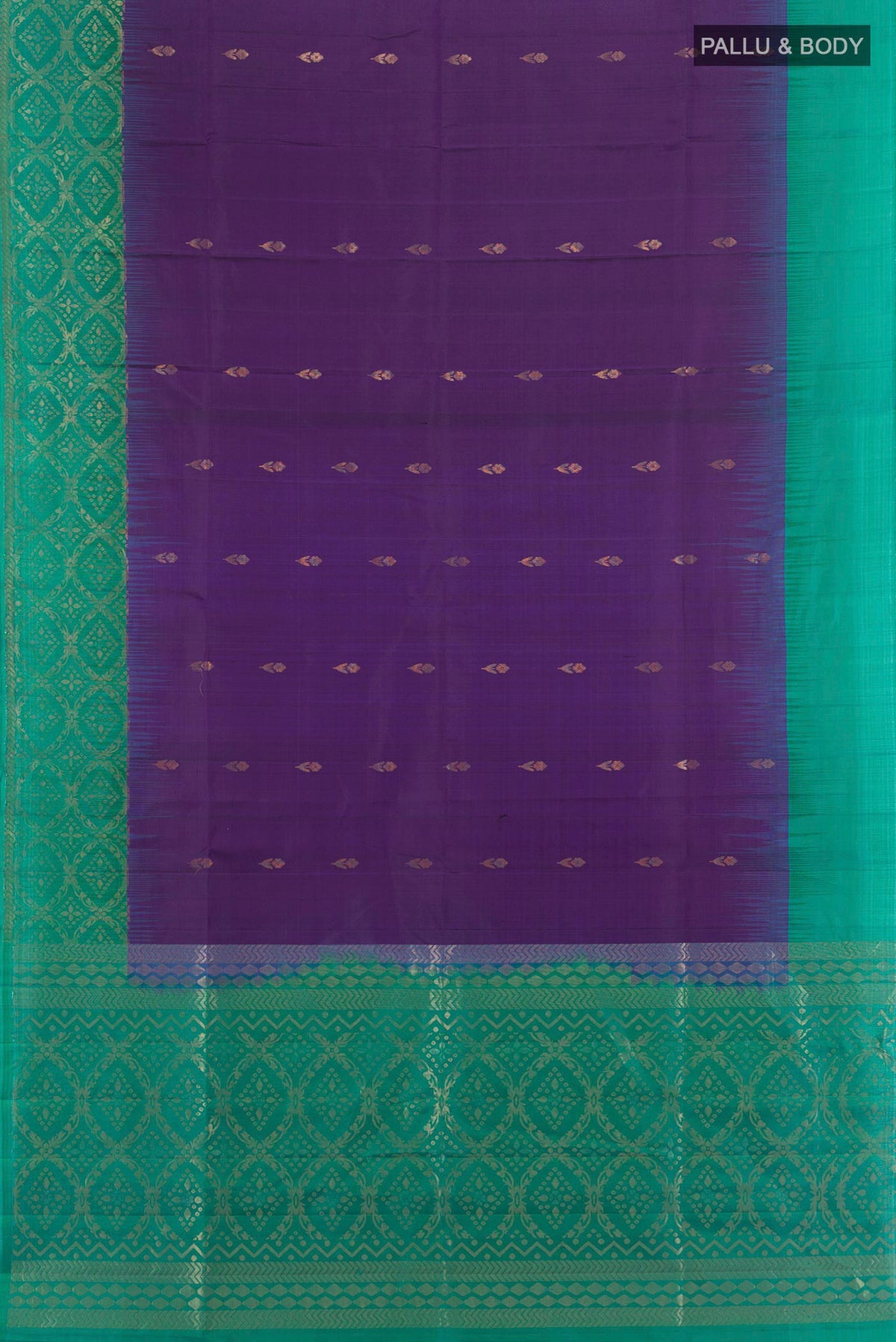 Flat view of Pure Silk Violet Soft Saree with Zari Butta on the body and Zari Border. 