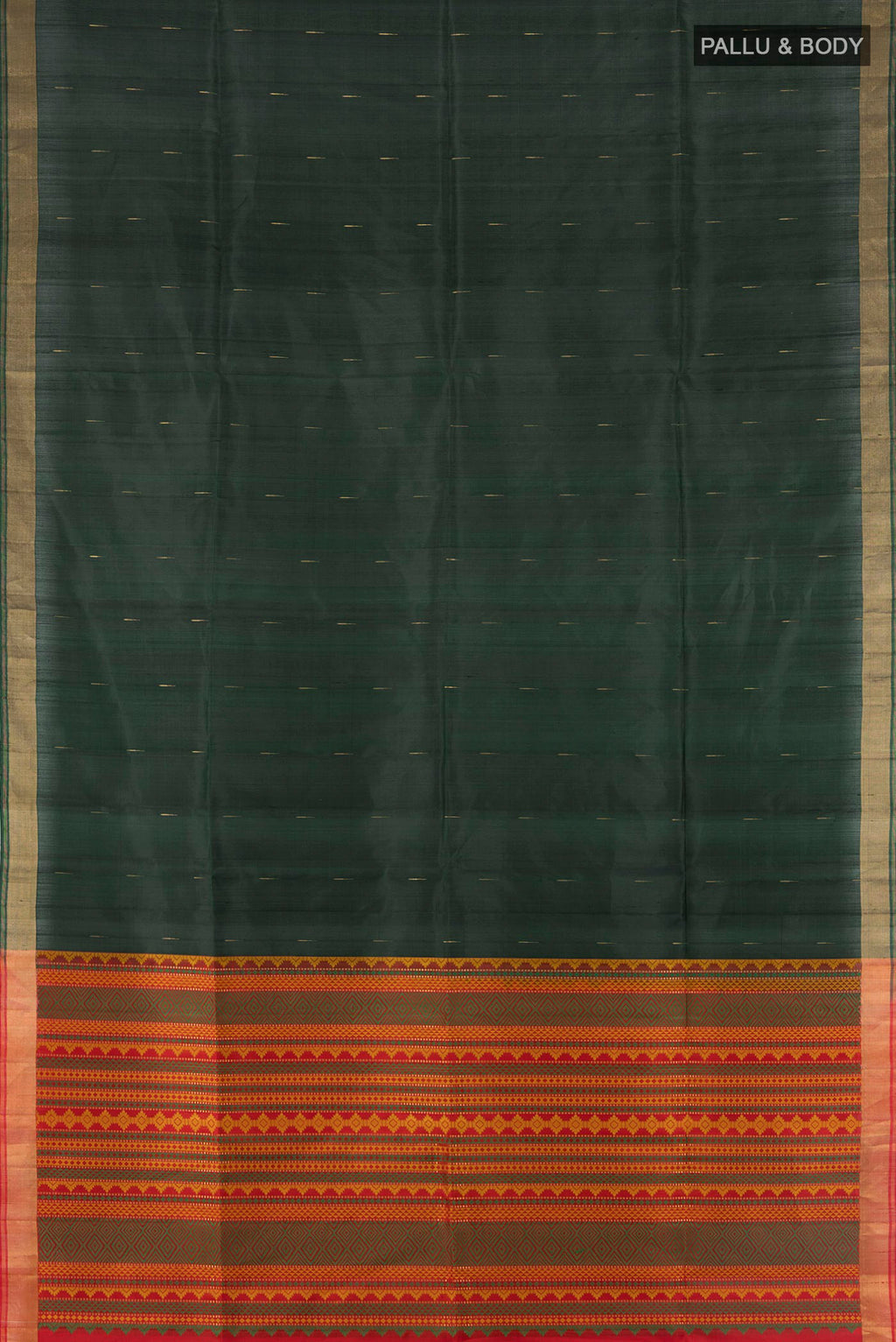 Flat view of Pure Silk Bottle Green Soft Saree with Zari Butta on the body and Zari Border. 