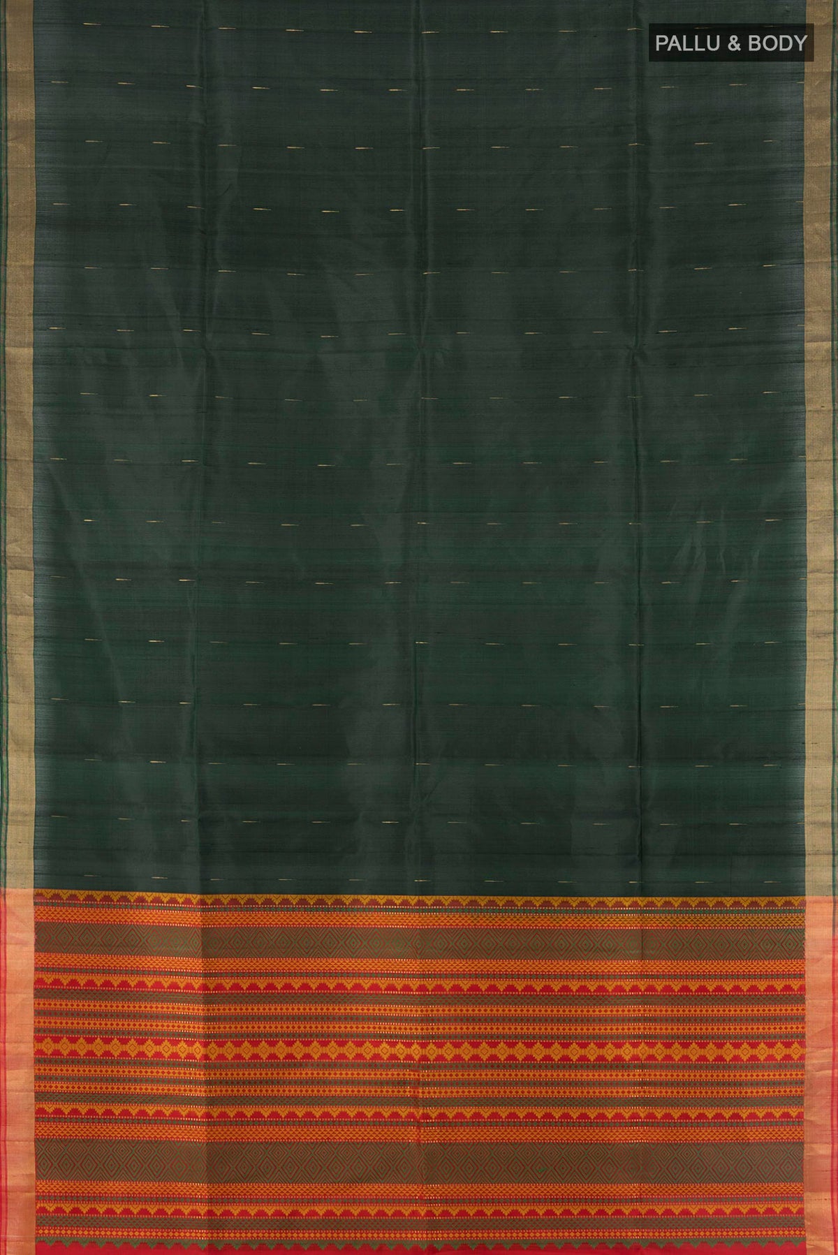 Flat view of Pure Silk Bottle Green Soft Saree with Zari Butta on the body and Zari Border. 
