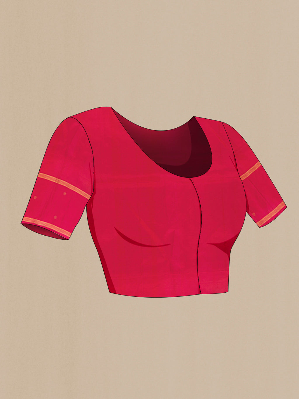 Close up image of the blouse of Pure Silk Sandal Soft Saree with Zari Butta on the body and Plain Border. 
