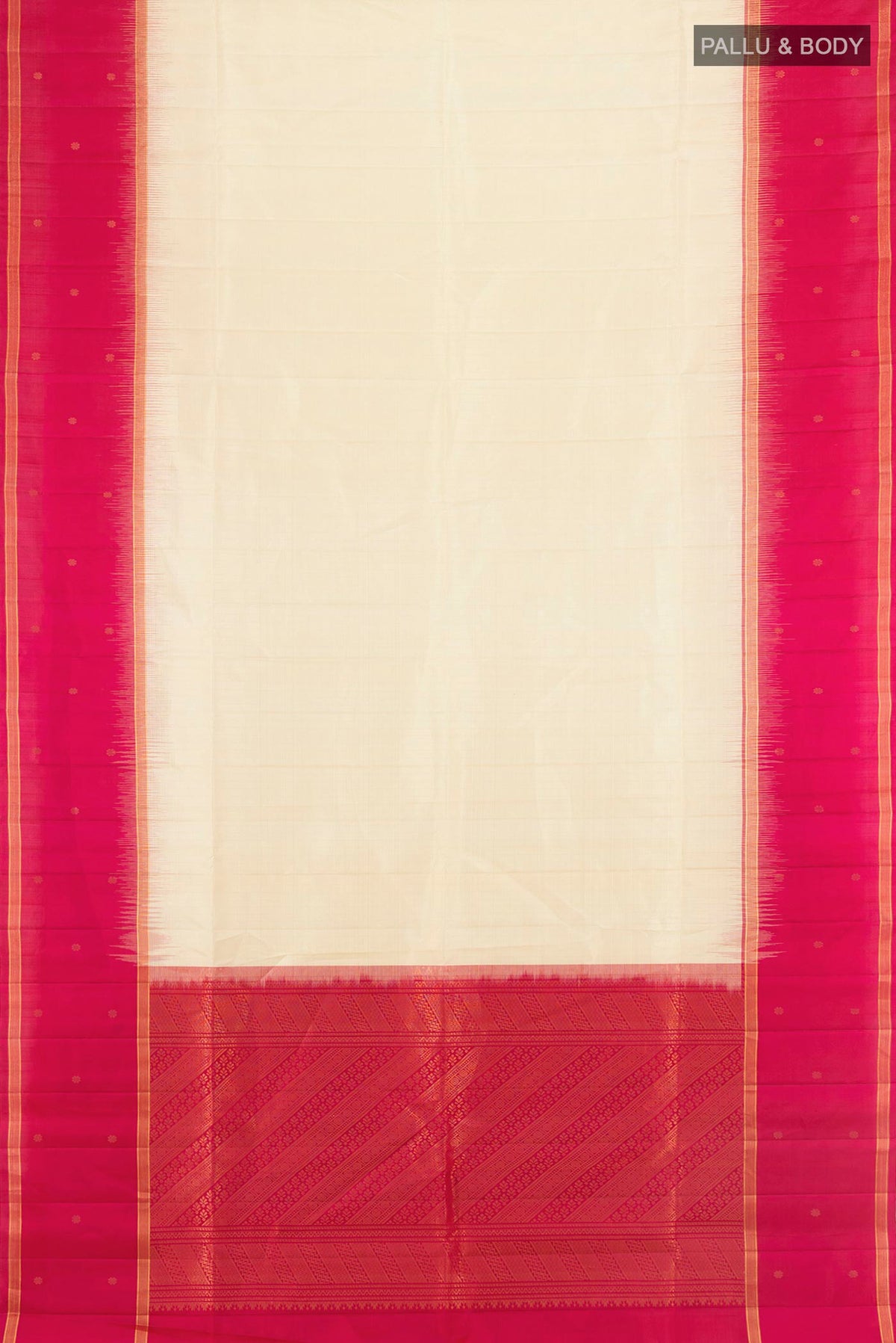 Flat view of Pure Silk Sandal Soft Saree with Zari Butta on the body and Plain Border. 