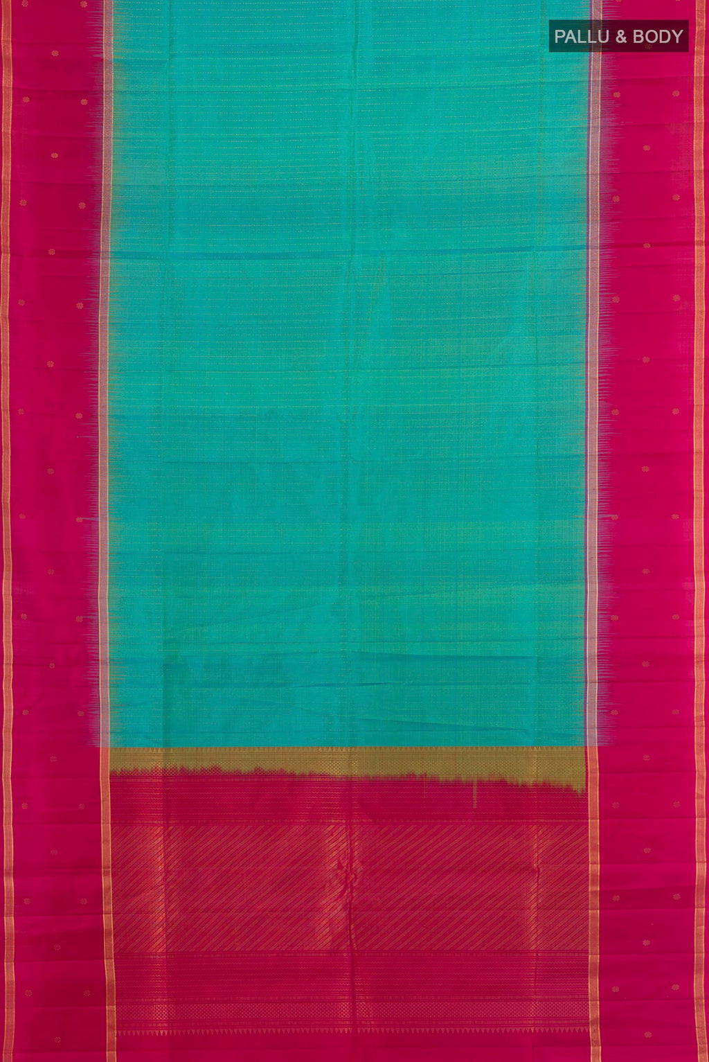 Flat view of Pure Silk Turquoise Soft Saree with Zari Butta on the body and Plain Border. 