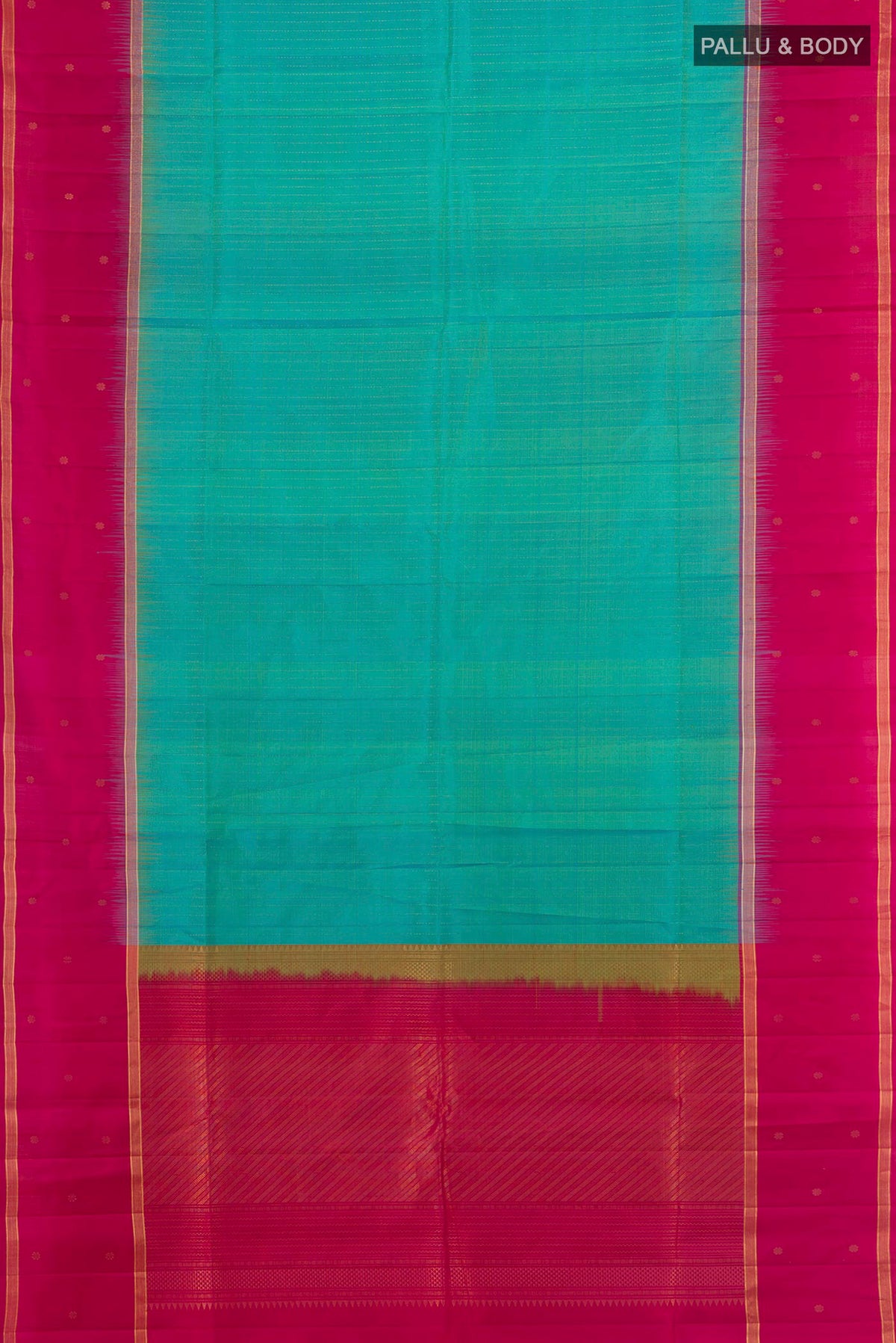Flat view of Pure Silk Turquoise Soft Saree with Zari Butta on the body and Plain Border. 