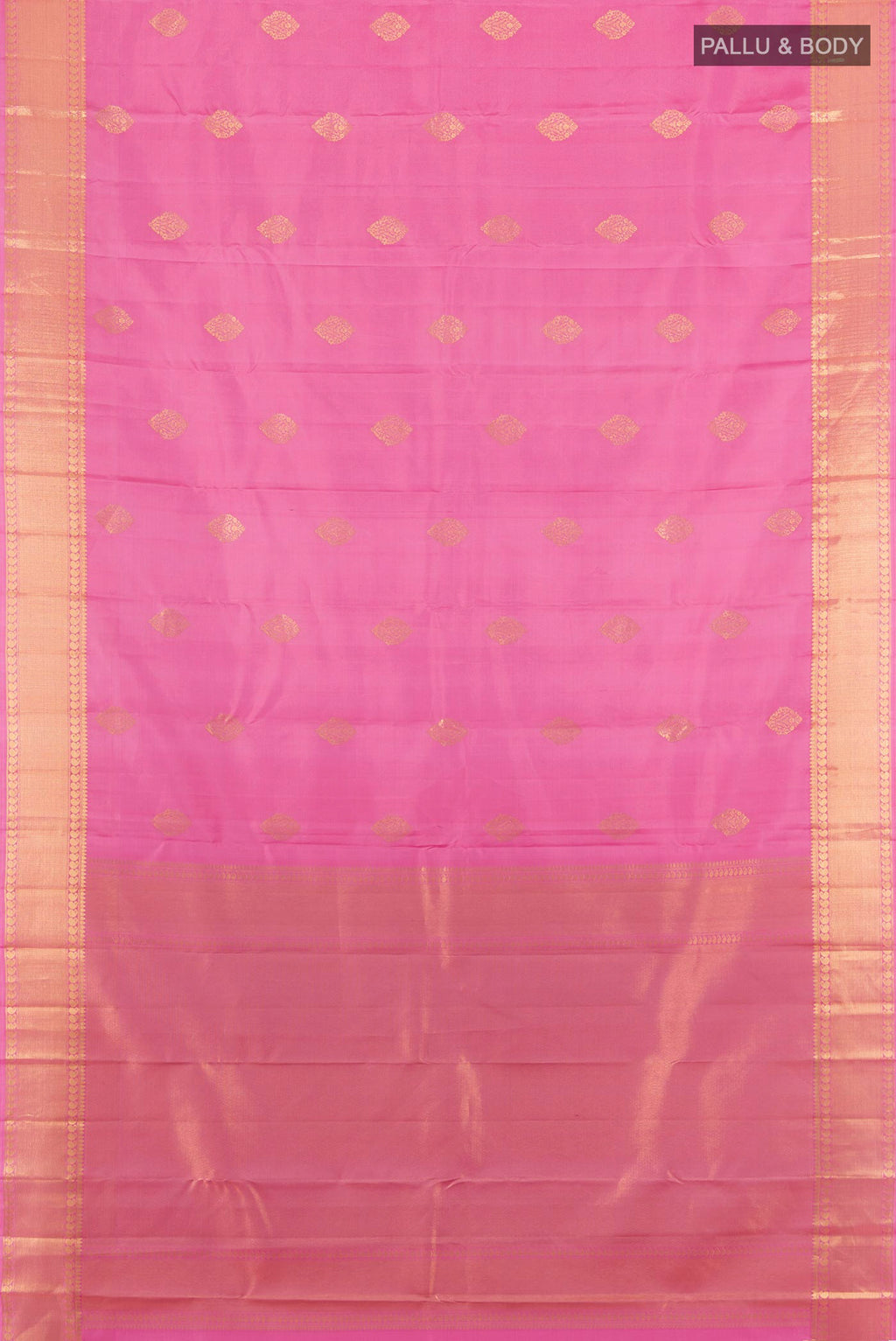 Flat view of Pure Silk Rose pink Kanjivaram Saree with Zari Butta on the body and Zari Border. 