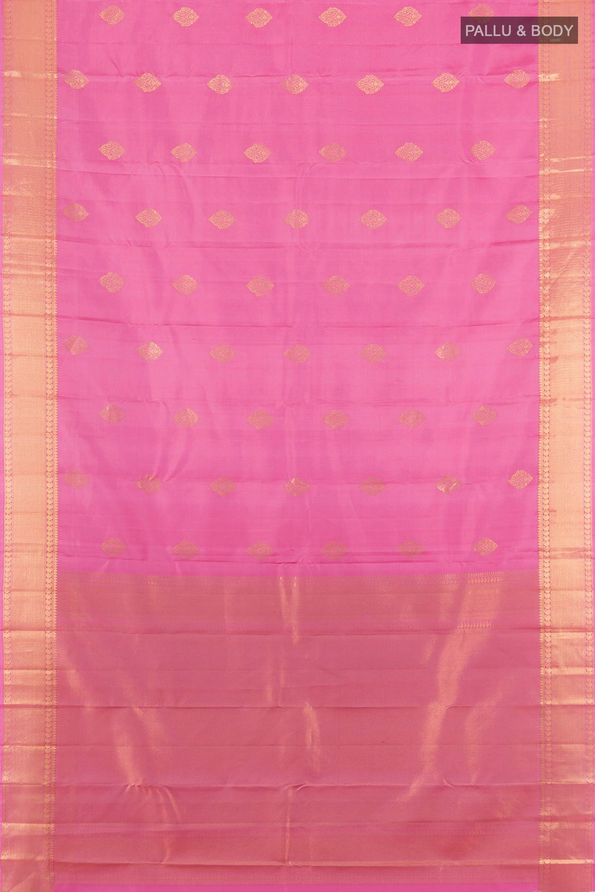 Flat view of Pure Silk Rose pink Kanjivaram Saree with Zari Butta on the body and Zari Border. 