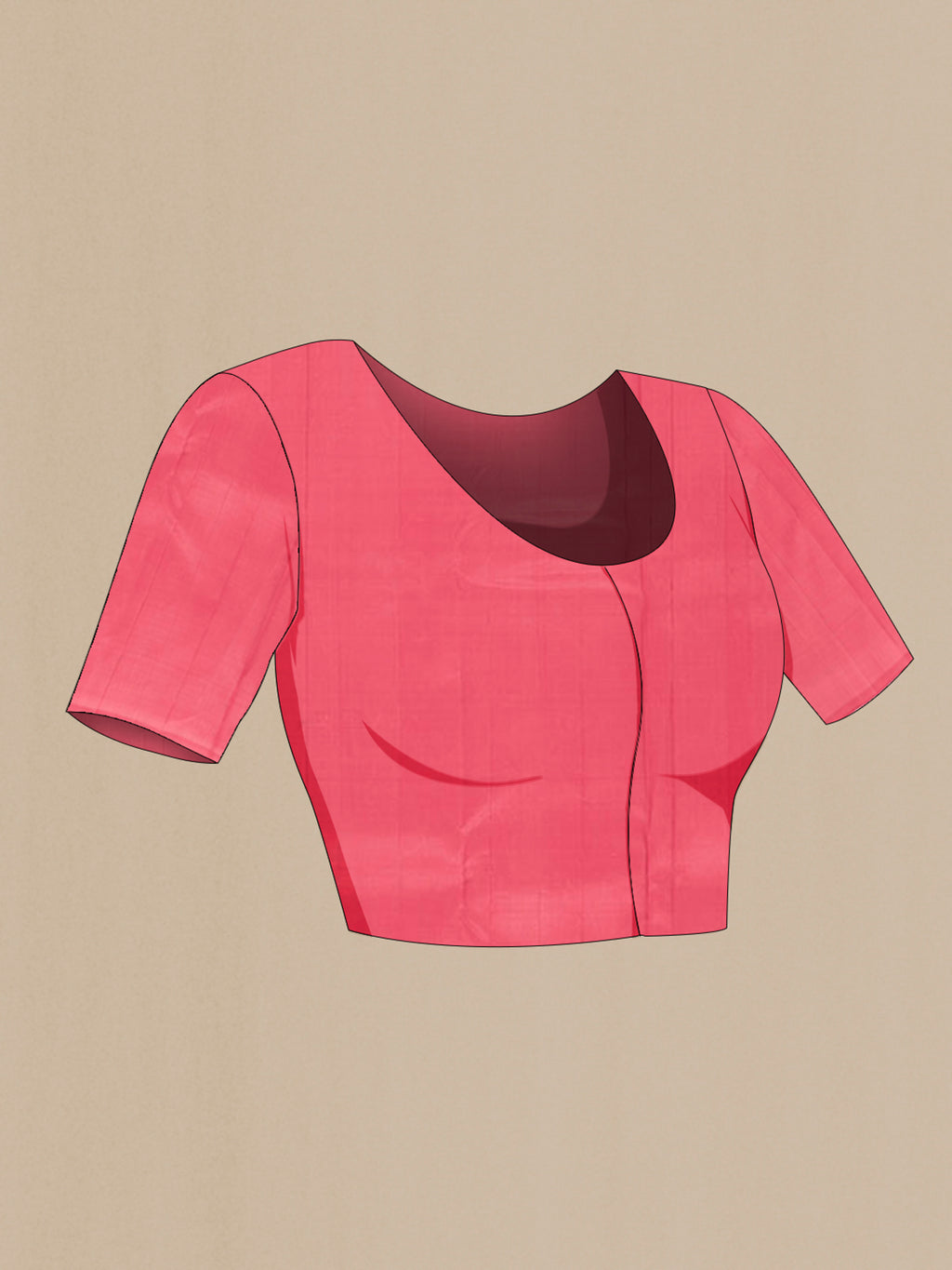 Close up image of the blouse of Pure Silk Coral Soft Saree with Zari Butta on the body and Without Border. 