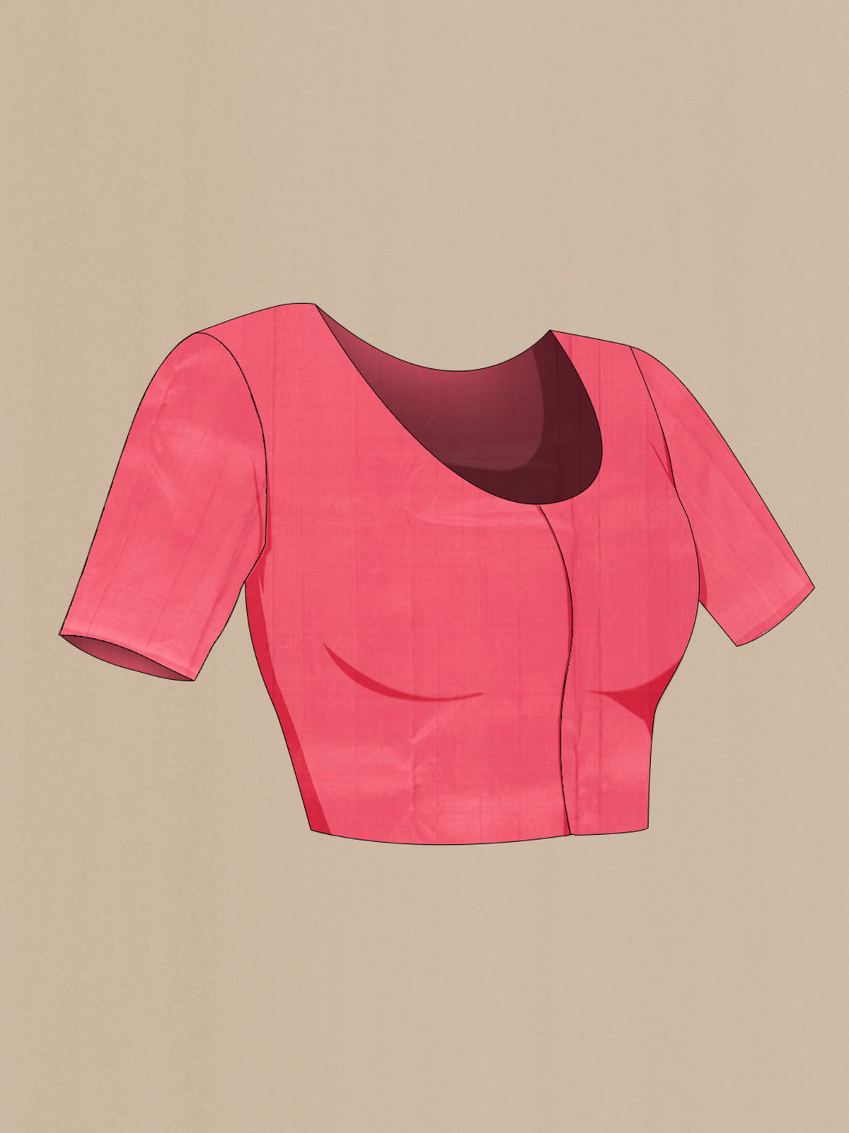 Close up image of the blouse of Pure Silk Coral Soft Saree with Zari Butta on the body and Without Border. 