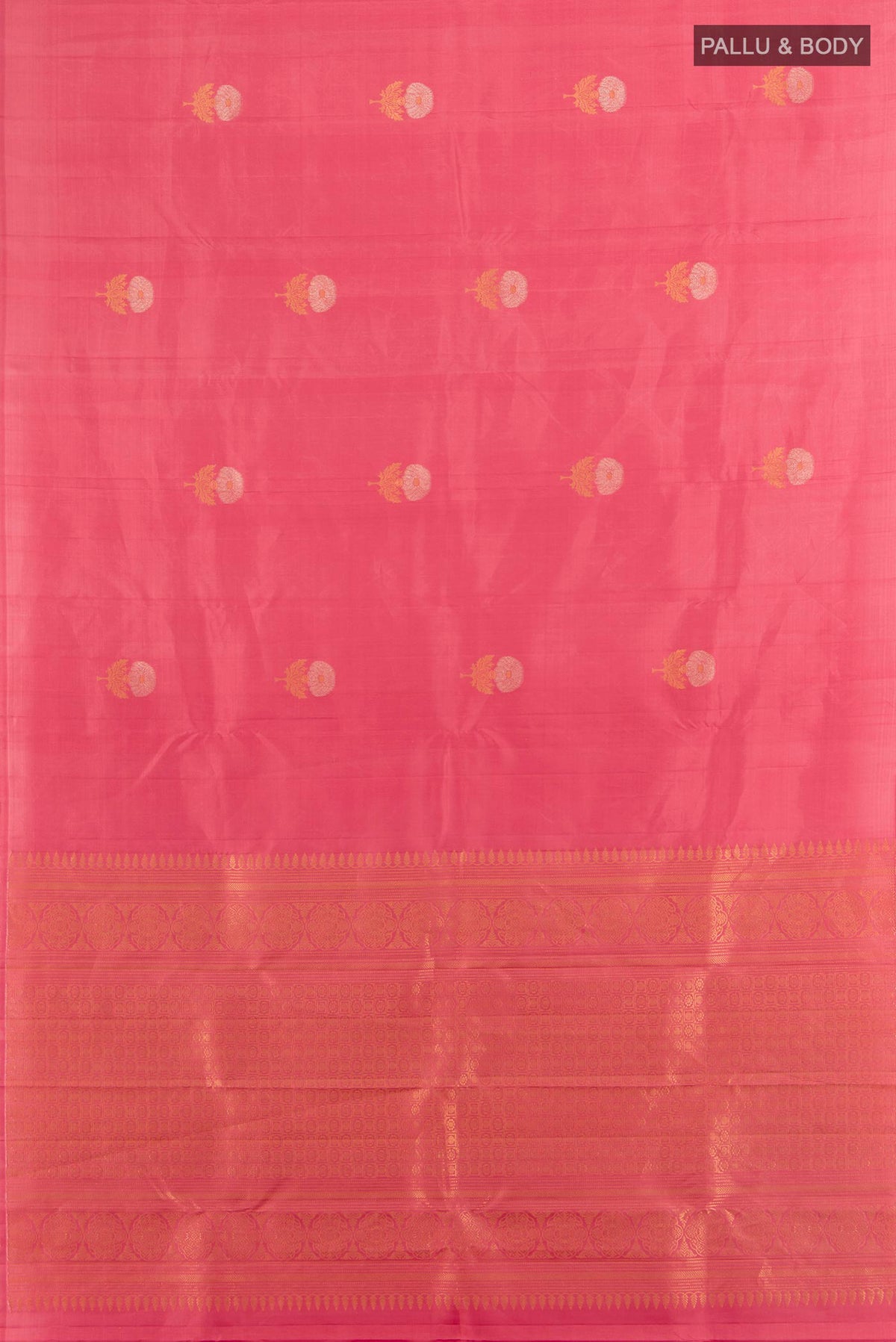 Flat view of Pure Silk Coral Soft Saree with Zari Butta on the body and Without Border. 