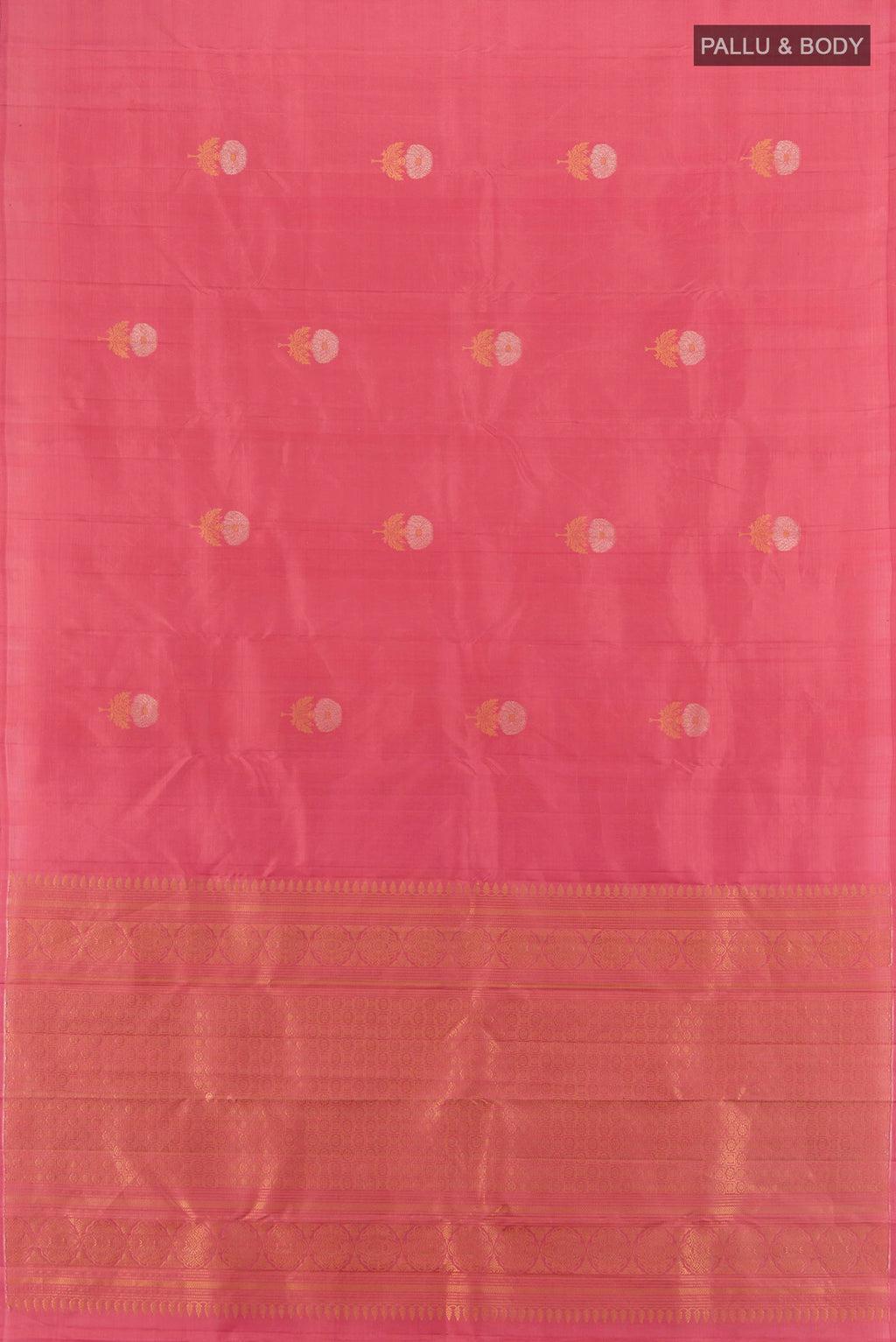 Flat view of Pure Silk Coral Soft Saree with Zari Butta on the body and Without Border. 