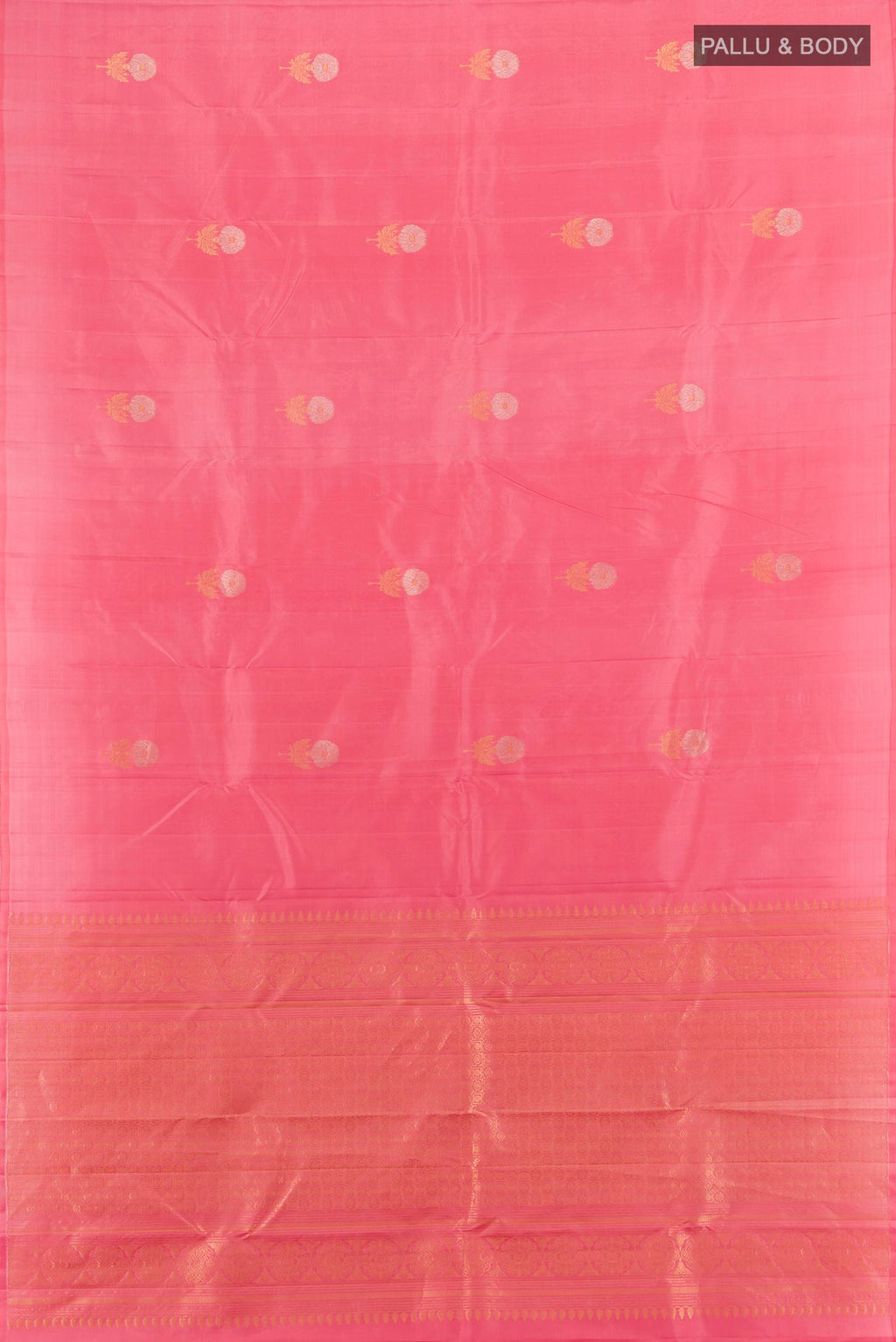 Flat view of Pure Silk Coral Kanchipuram Saree with Zari Butta on the body and Without Border. 