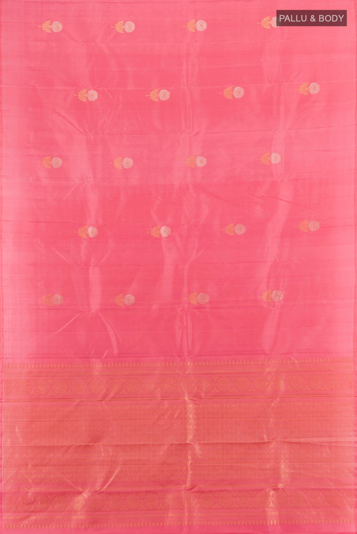 Flat view of Pure Silk Coral Kanchipuram Saree with Zari Butta on the body and Without Border. 