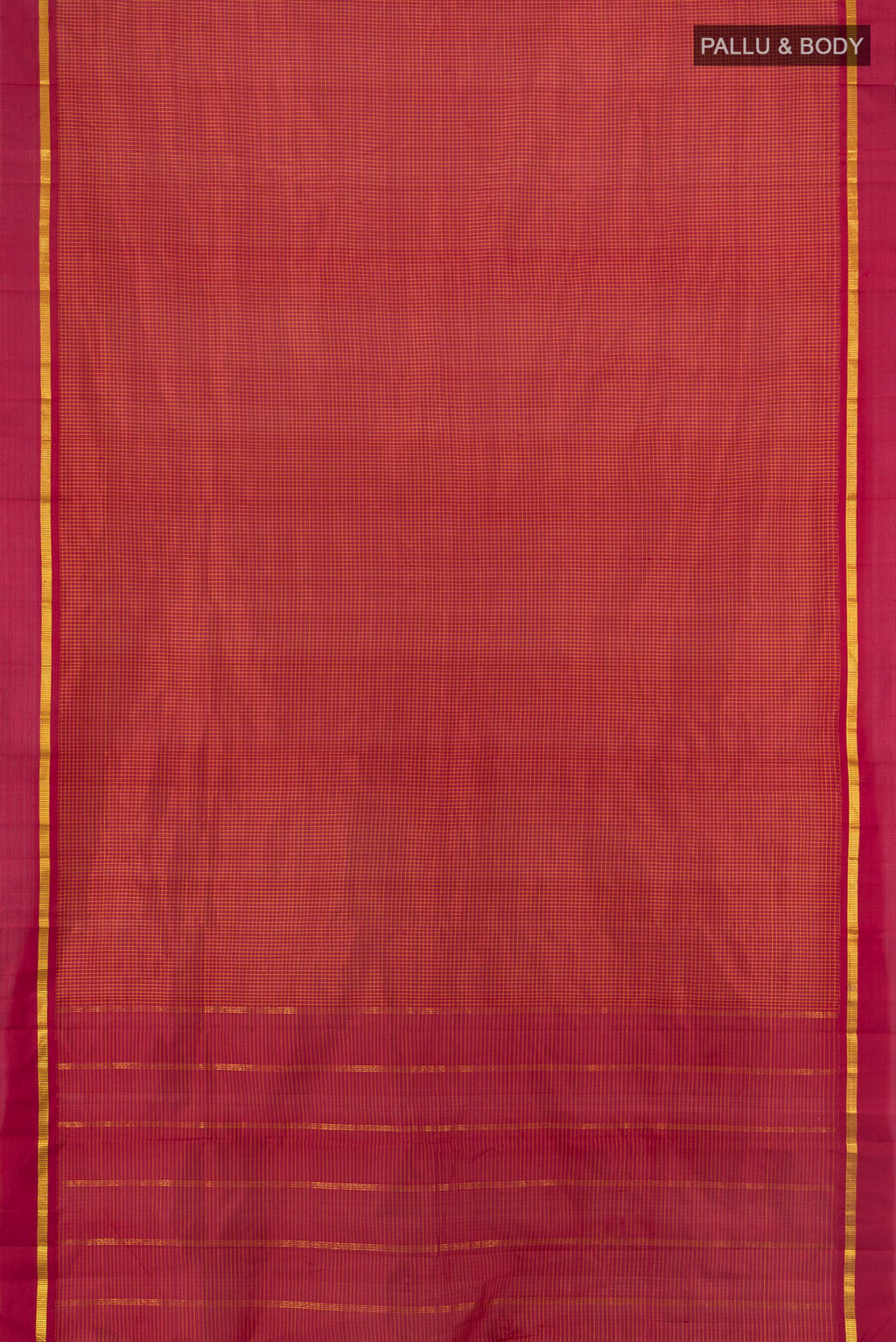 Flat view of Pure Silk Red Kanjivaram Saree with Checked design on the body and Zari Border. 
