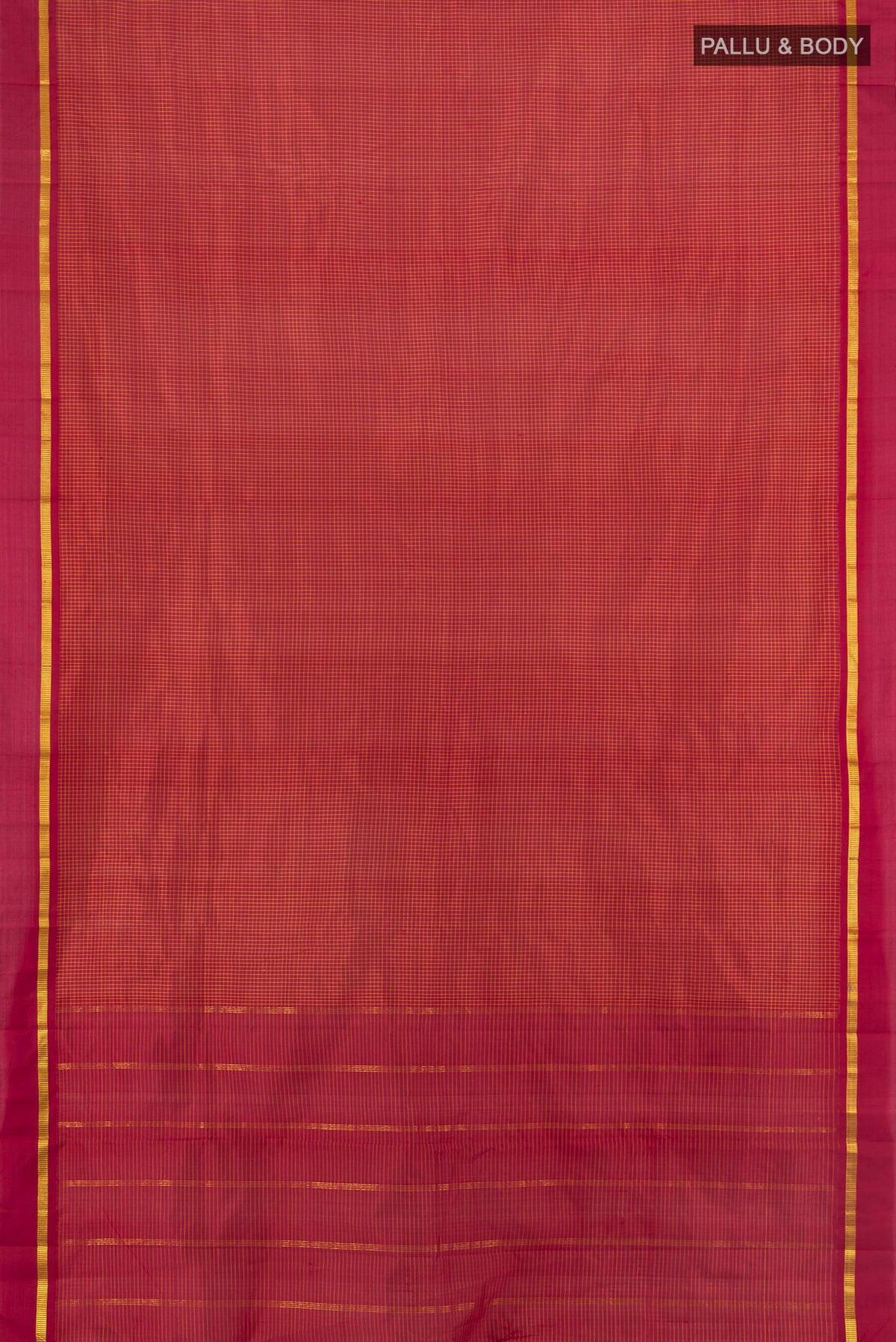 Flat view of Pure Silk Red Kanjivaram Saree with Checked design on the body and Zari Border. 