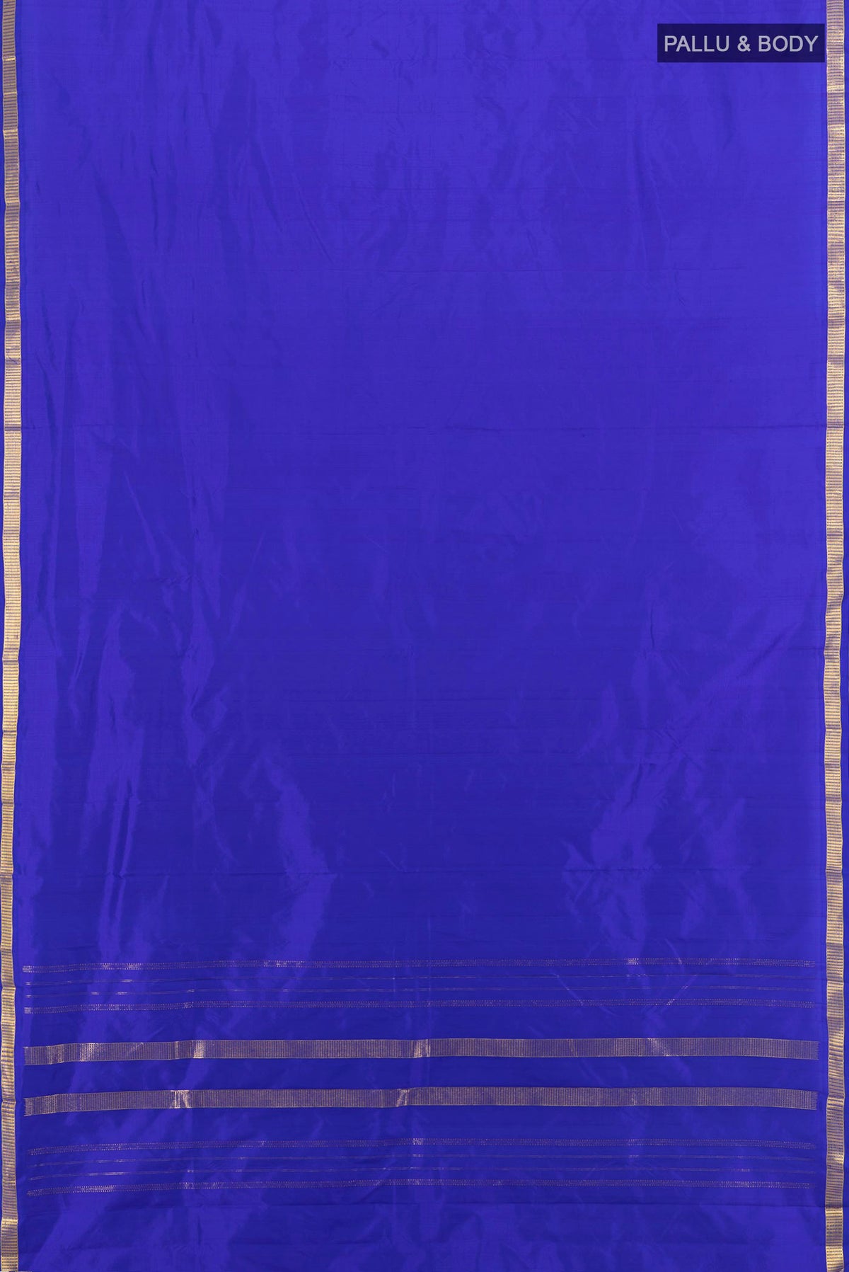 Flat view of Pure Silk Dark Blue Kanjivaram Saree with Plain Body and Silk Border. 