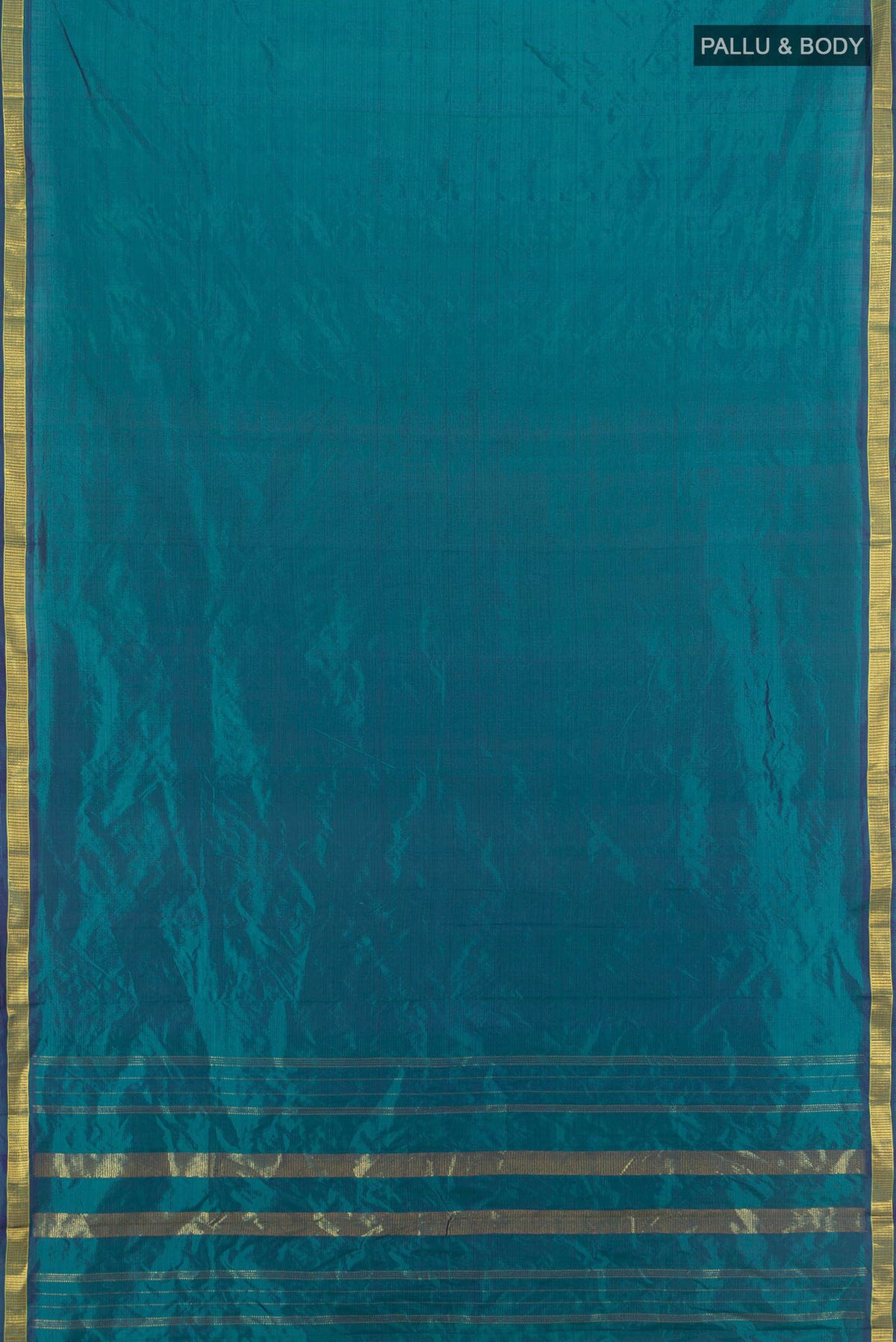 Flat view of Pure Silk Peacock Blue Kanjivaram Saree with Plain Body and Zari Border. 