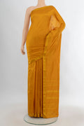 Pure Silk Mustard Kanchipuram Saree with Plain Body and Zari Border.  displayed on a mannequin