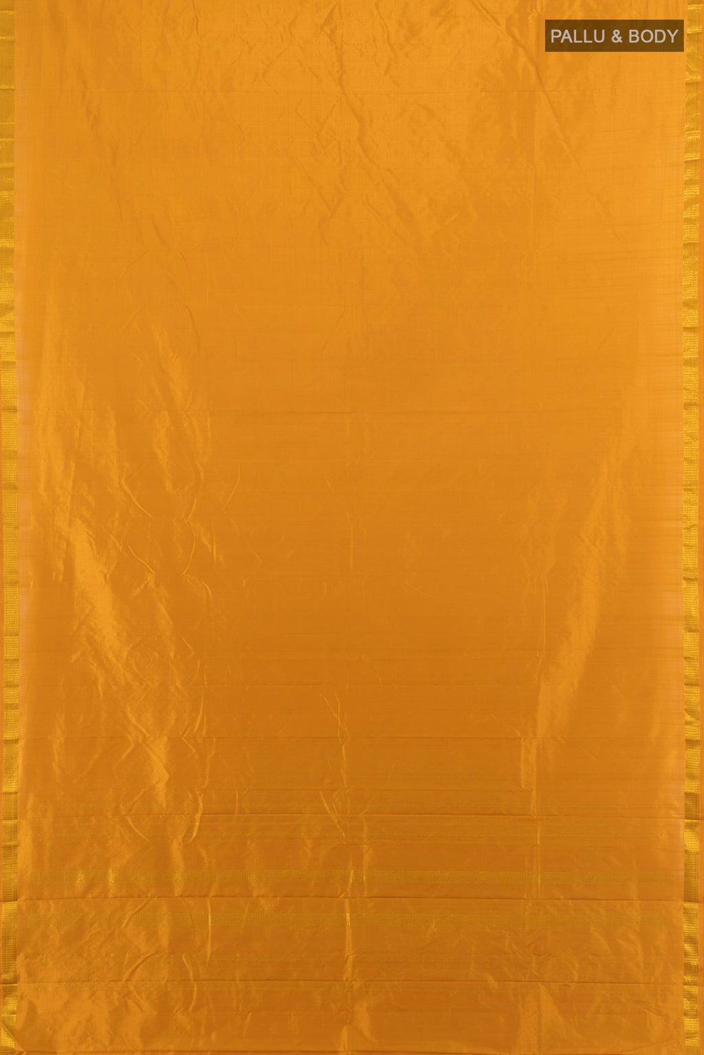 Flat view of Pure Silk Mustard Kanchipuram Saree with Plain Body and Zari Border. 