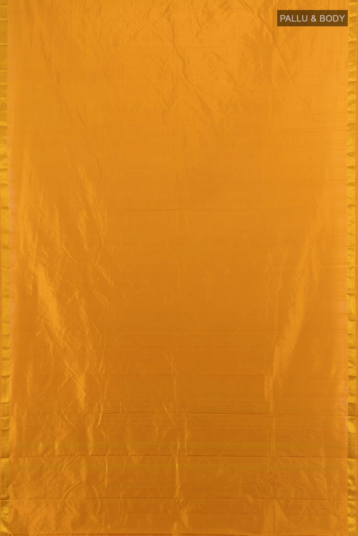 Flat view of Pure Silk Mustard Kanchipuram Saree with Plain Body and Zari Border. 