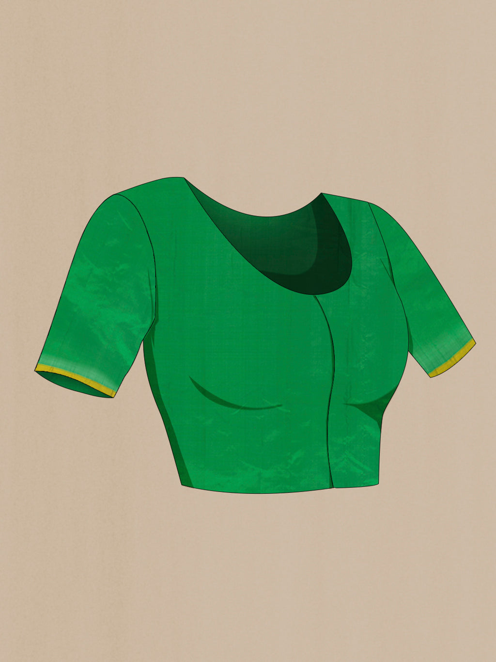 Close up image of the blouse of Pure Silk Green Kanchipuram Saree with Plain Body and Thread Border. 