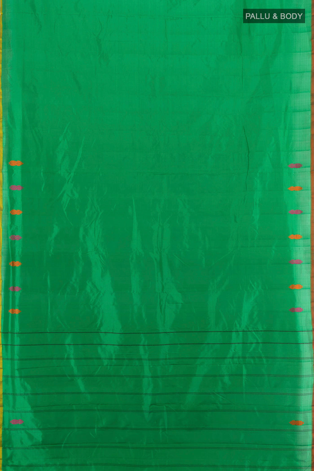 Flat view of Pure Silk Green Kanchipuram Saree with Plain Body and Thread Border. 