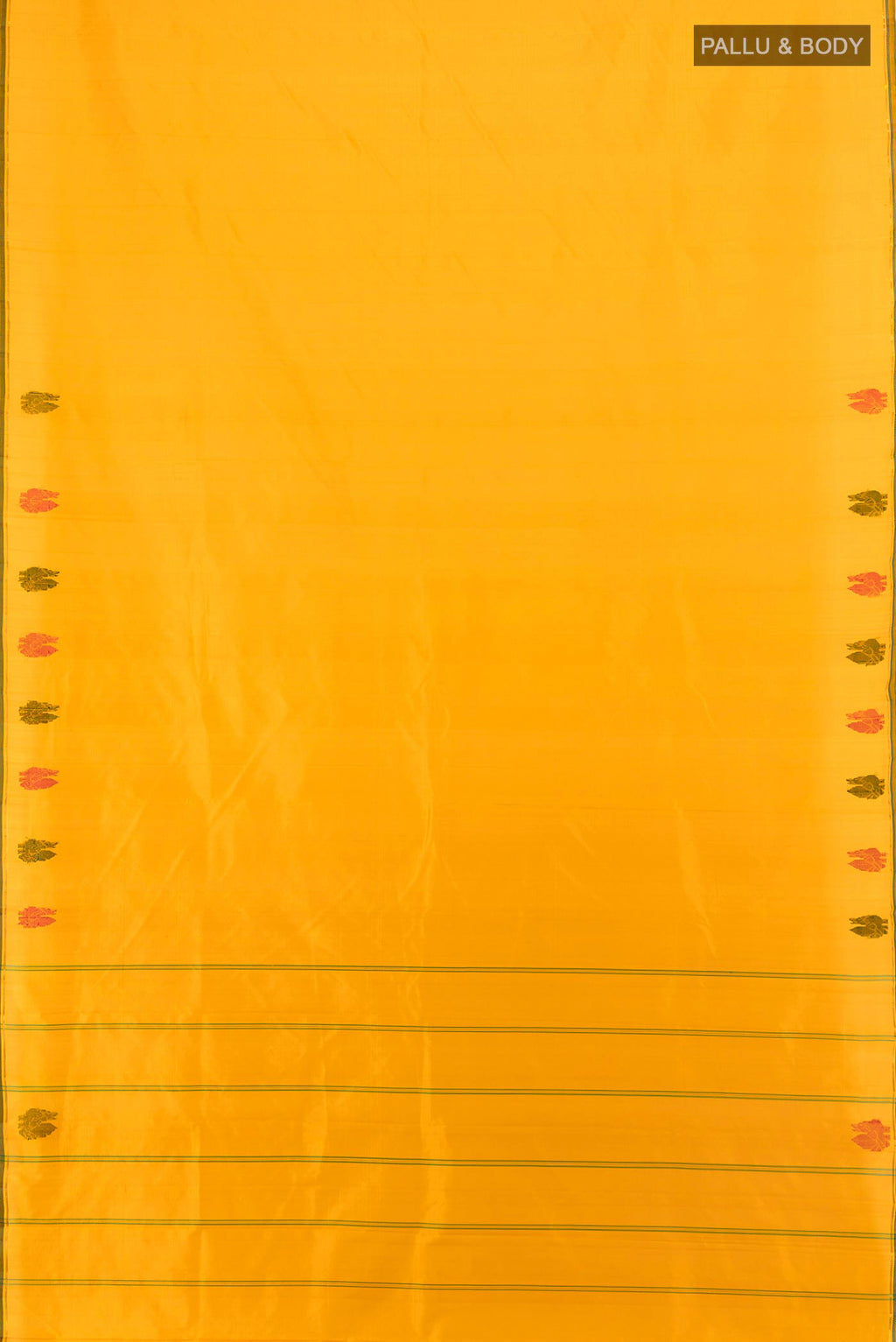 Flat view of Pure Silk Yellow Kanchipuram Saree with Plain Body and Thread Border. 