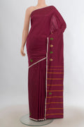 Pure Silk Maroon Kanchipuram Saree with Plain Body and Thread Border.  displayed on a mannequin