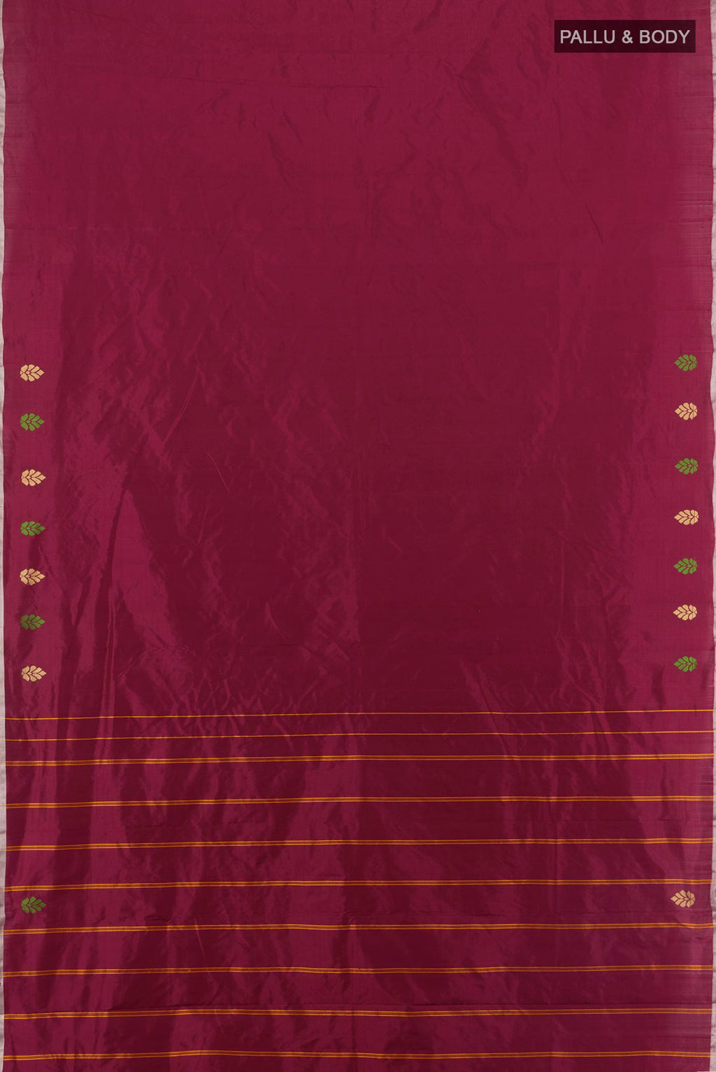 Flat view of Pure Silk Maroon Kanchipuram Saree with Plain Body and Thread Border. 