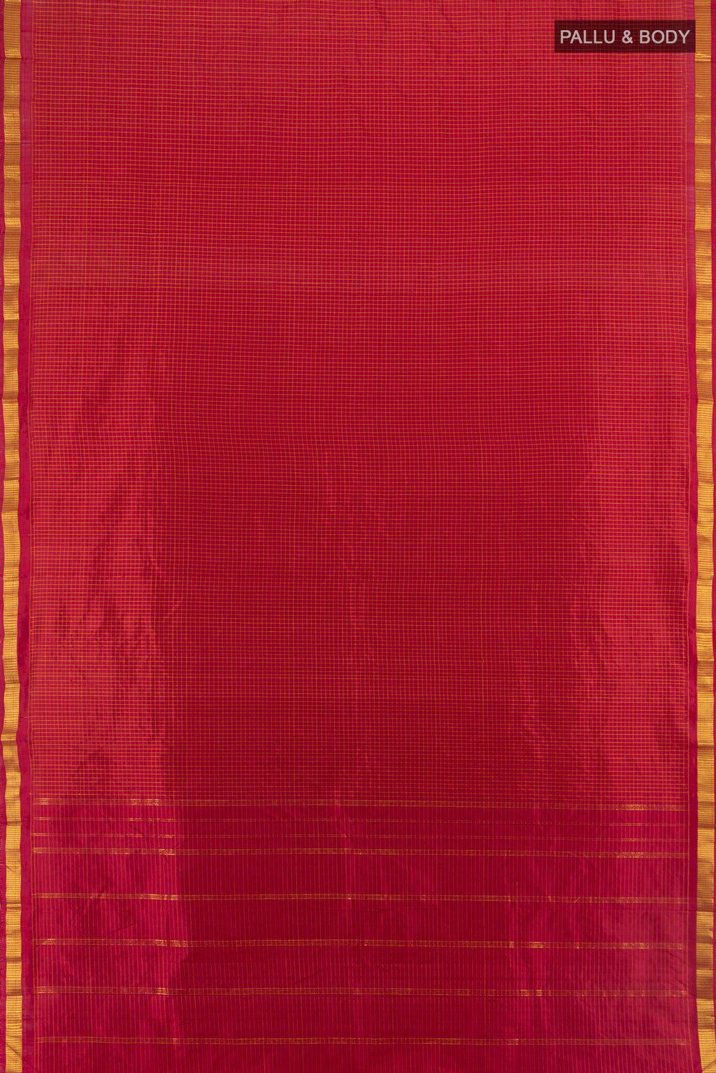 Flat view of Pure Silk Red Kanjivaram Saree with Checked design on the body and Zari Border. 