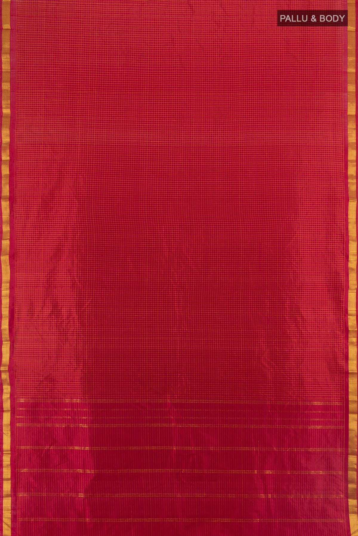 Flat view of Pure Silk Red Kanjivaram Saree with Checked design on the body and Zari Border. 