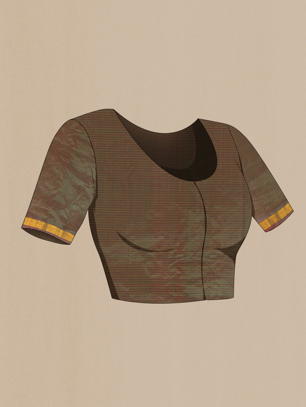 Close up image of the blouse of Pure Silk Mehandi Green Dual Tone Kanjivaram Saree with Checked design on the body and Zari Border. 
