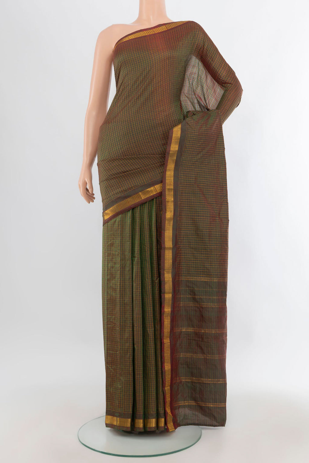 Pure Silk Mehandi Green Dual Tone Kanjivaram Saree with Checked design on the body and Zari Border.  displayed on a mannequin