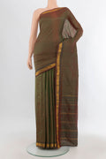 Pure Silk Mehandi Green Dual Tone Kanjivaram Saree with Checked design on the body and Zari Border.  displayed on a mannequin