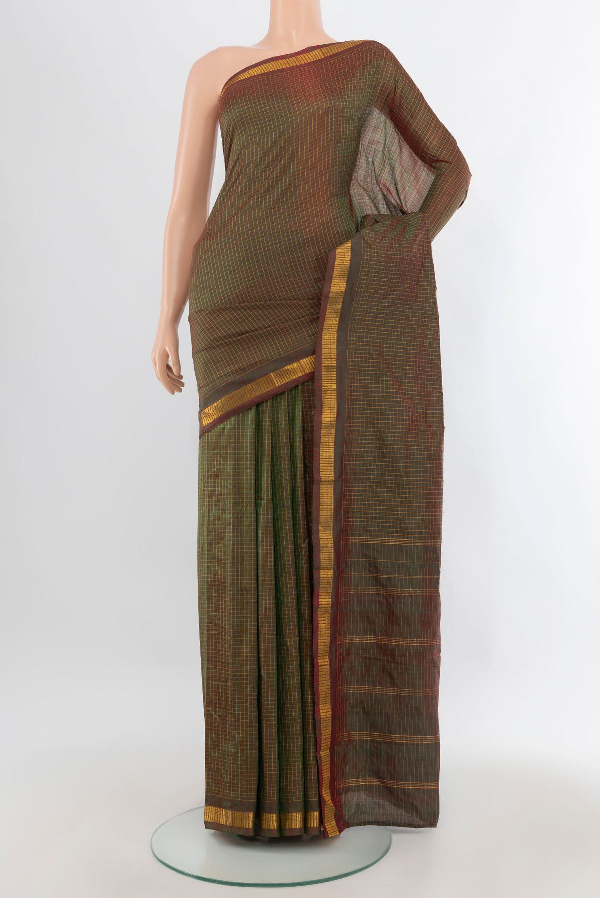 Pure Silk Mehandi Green Dual Tone Kanjivaram Saree with Checked design on the body and Zari Border.  displayed on a mannequin